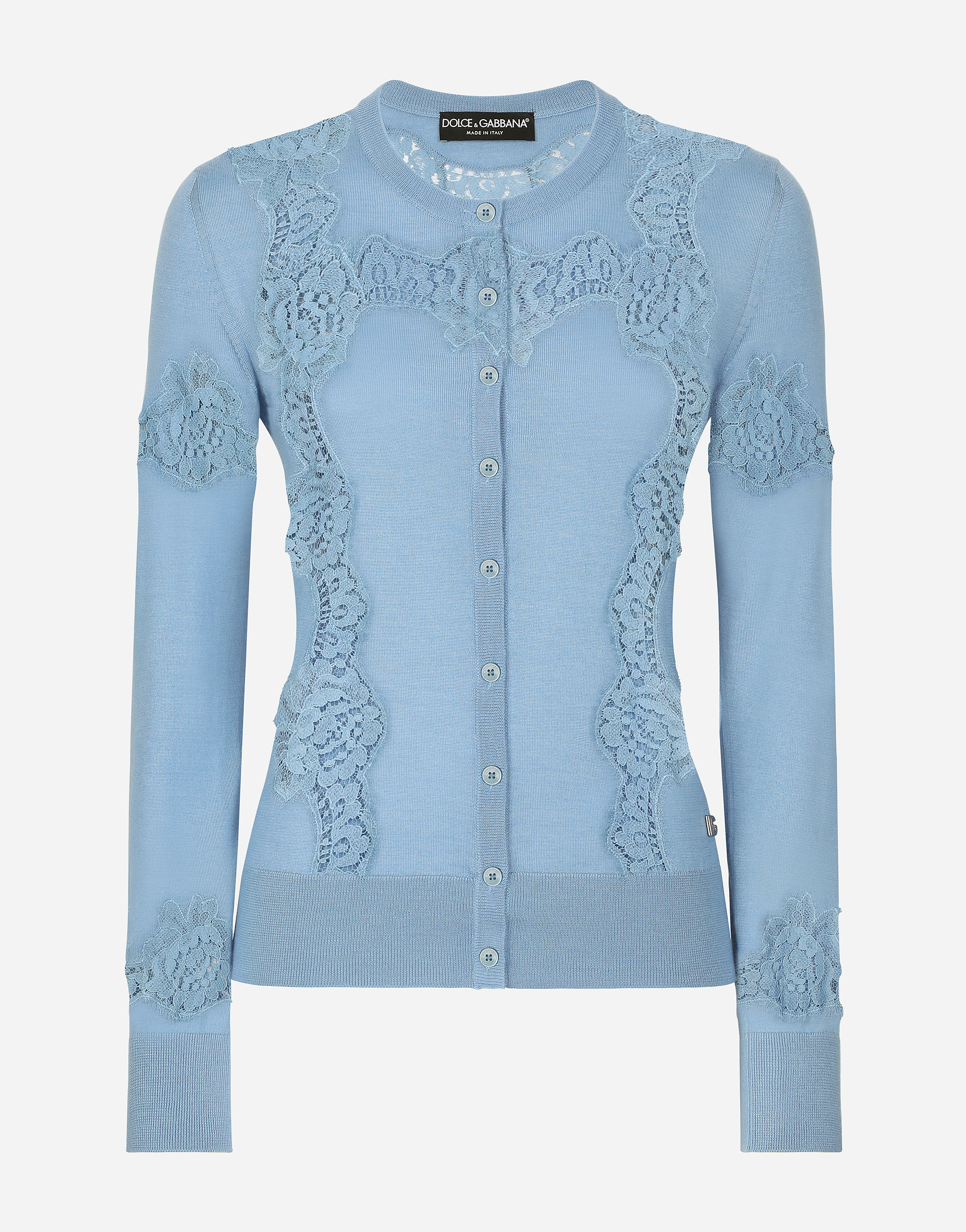 Dolce & Gabbana Cashmere And Silk Cardigan With Lace Inlay - Woman Sweaters And Cardigans Azure