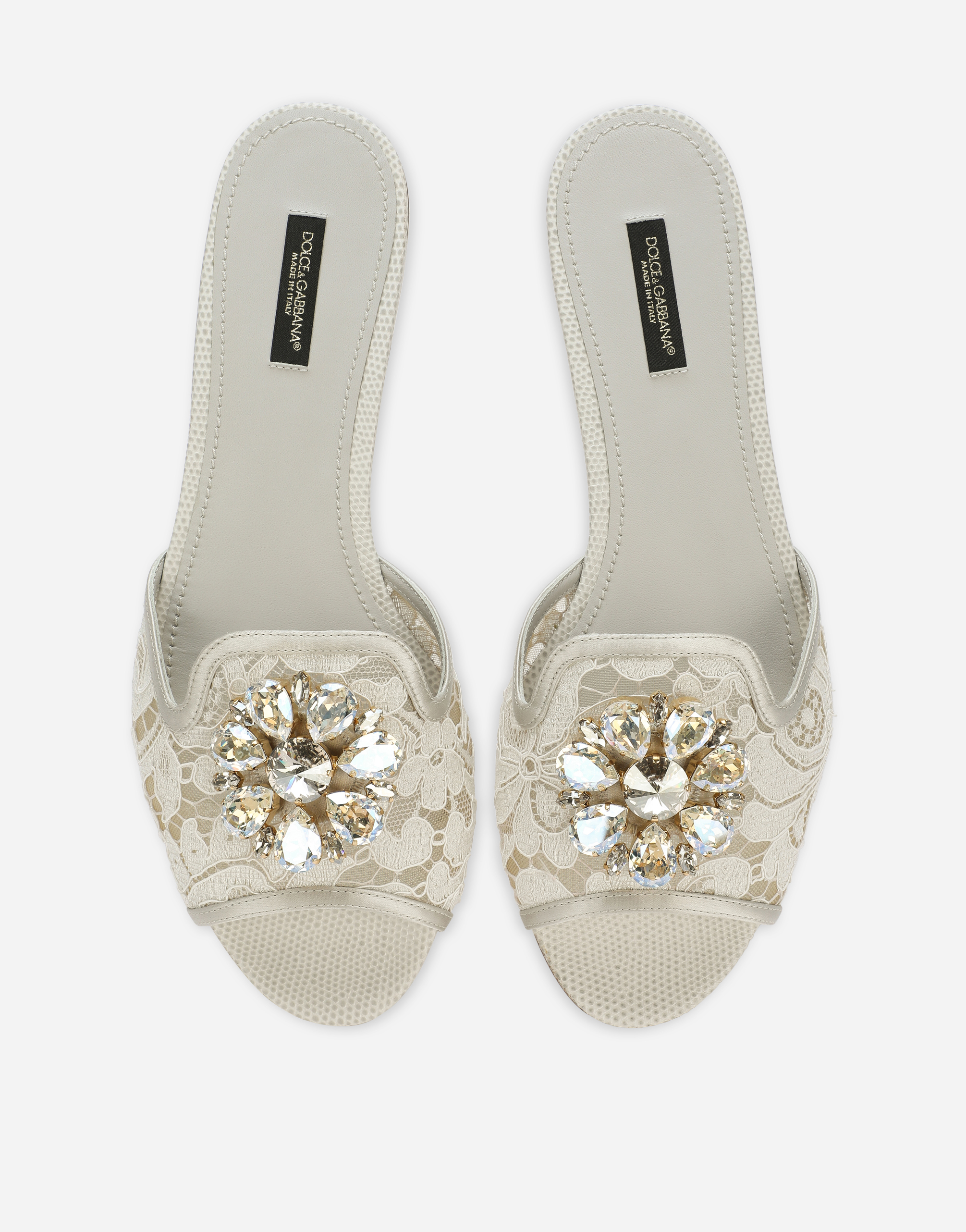 Dolce & Gabbana Lace Sliders With Crystals In Grey