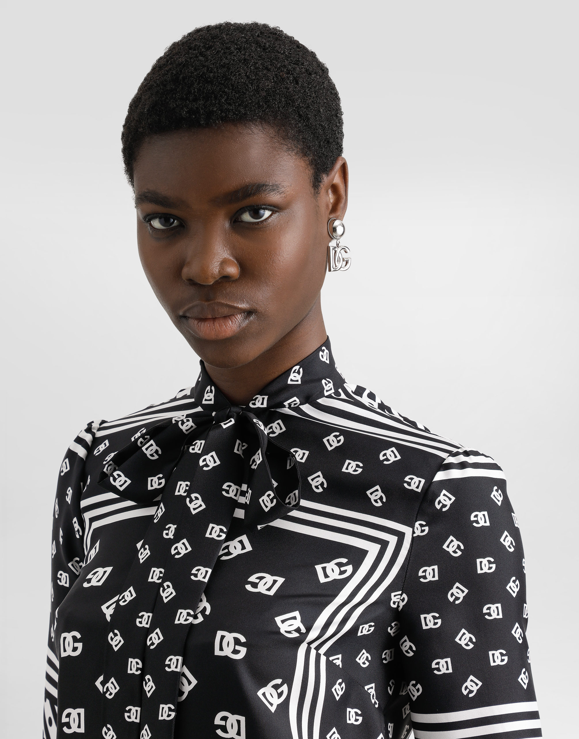 Dolce & Gabbana Short-sleeved Silk Blouse With Pussy-bow And All-over Dg Logo Scarf Print In Black