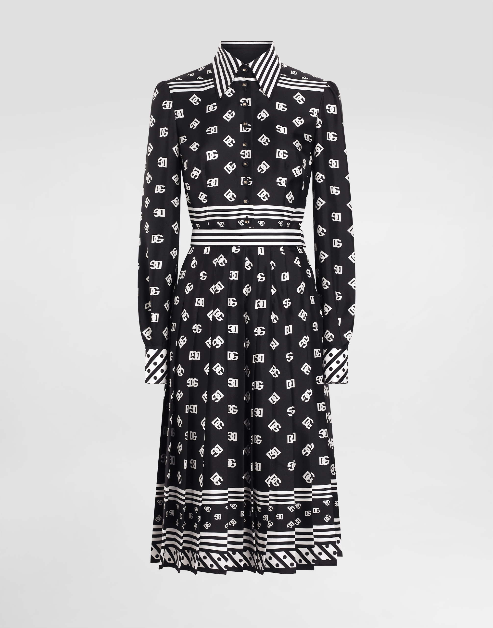 Dolce & Gabbana Twill Calf-length Shirt Dress With All-over Dg Logo Scarf Print In Black