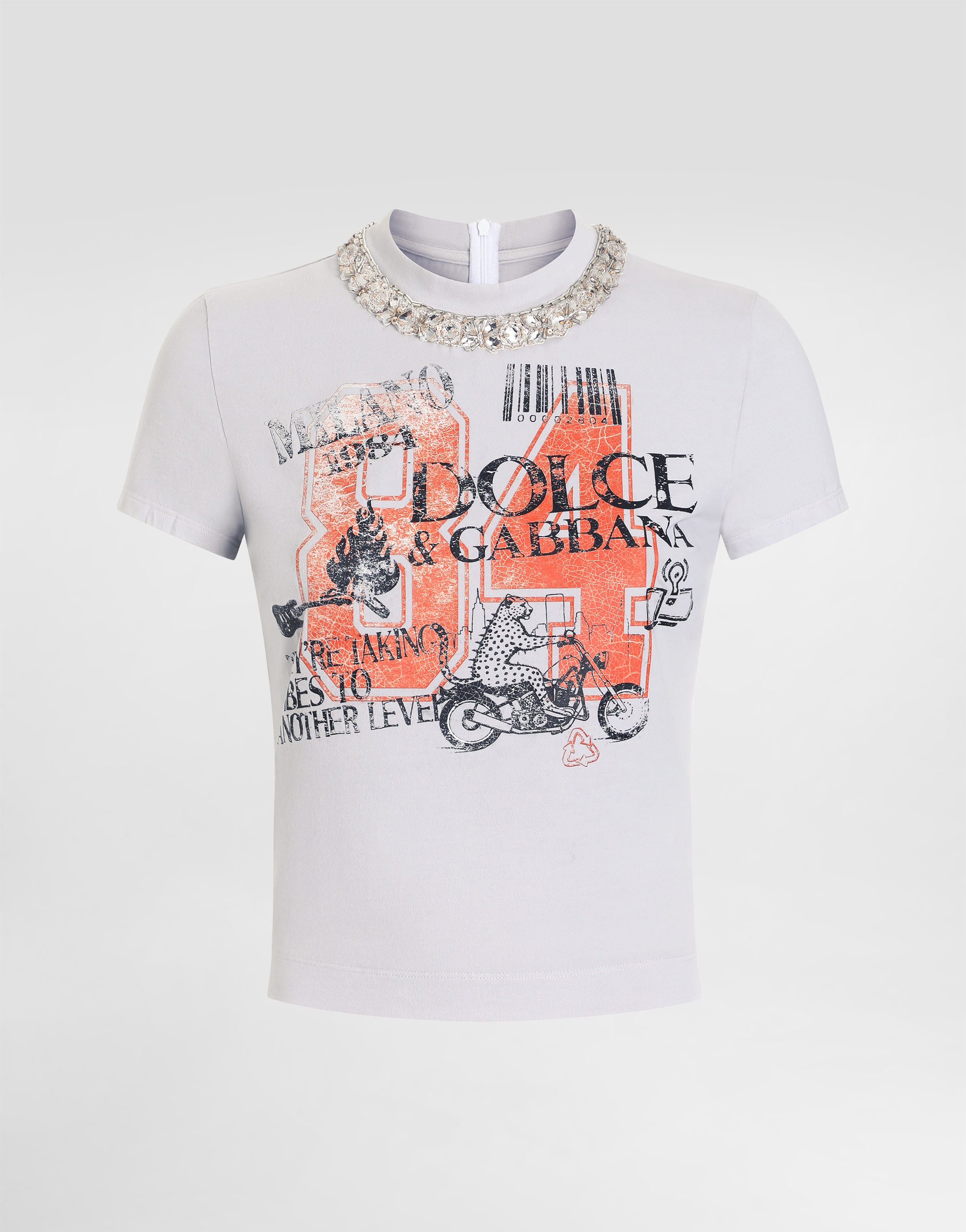 Jersey t-shirt with print and crystals in Grey for Women