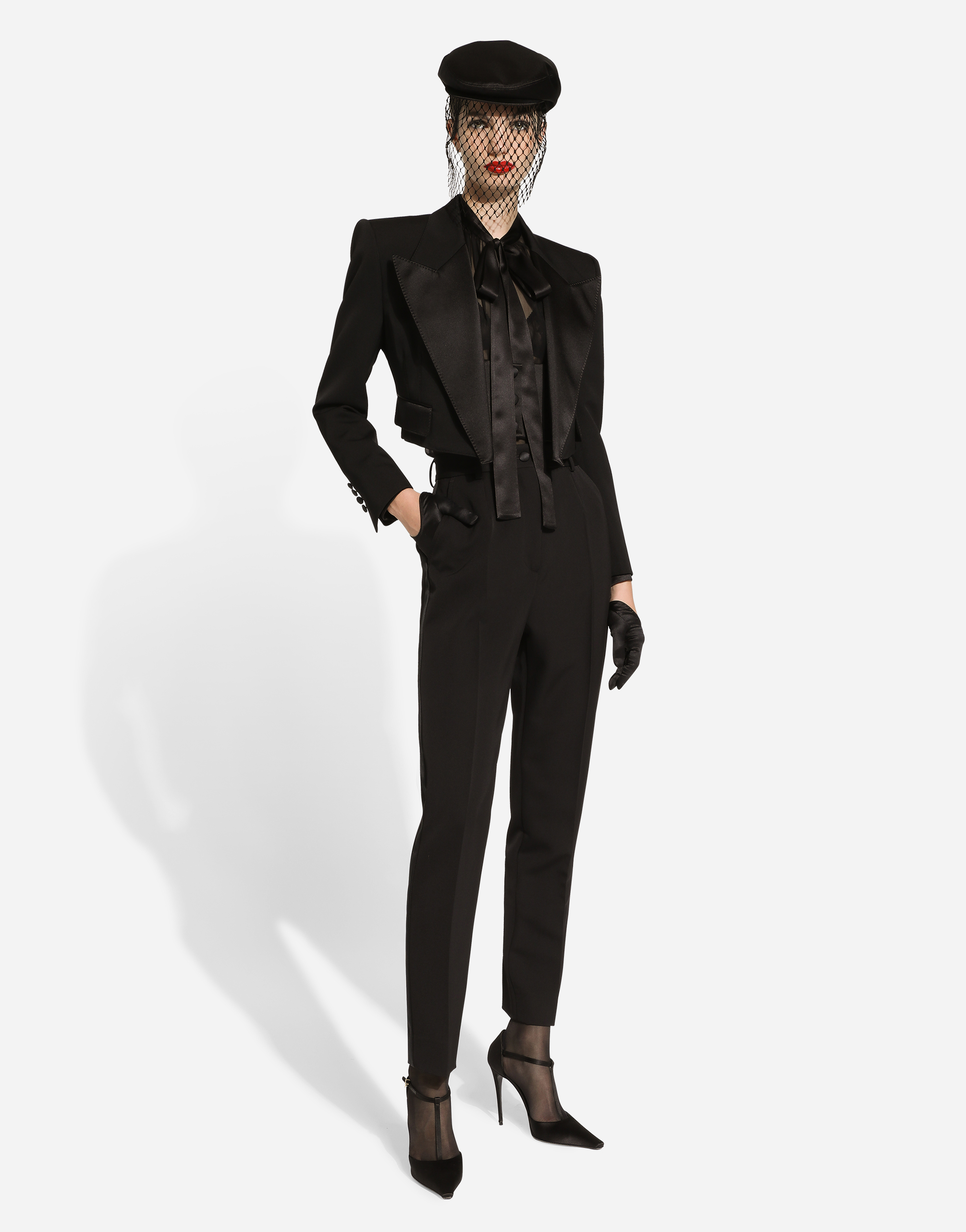 Short wool gabardine tuxedo jacket