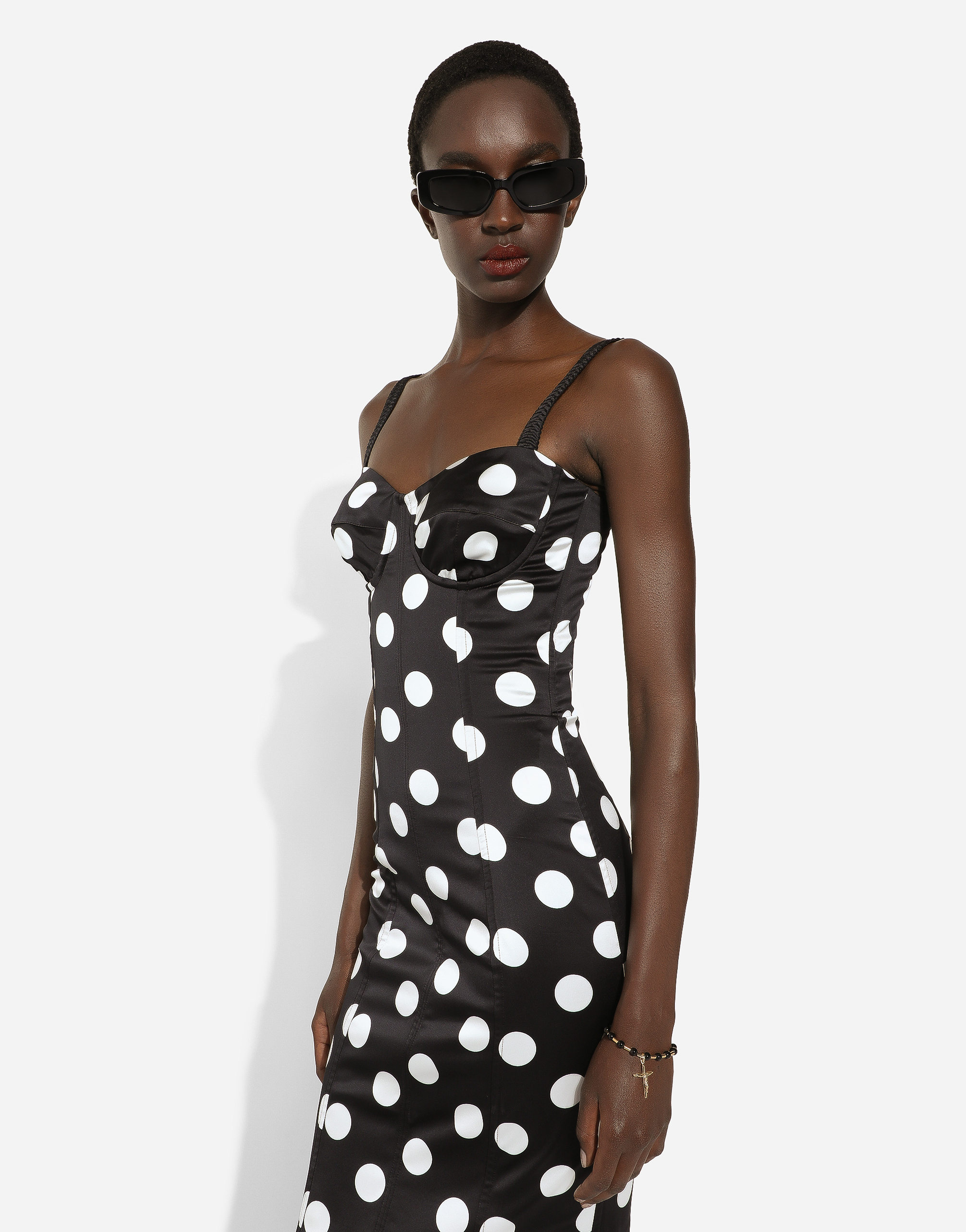 Shop Dolce & Gabbana Satin Midi Dress With Polka-dot Print And Corset Details