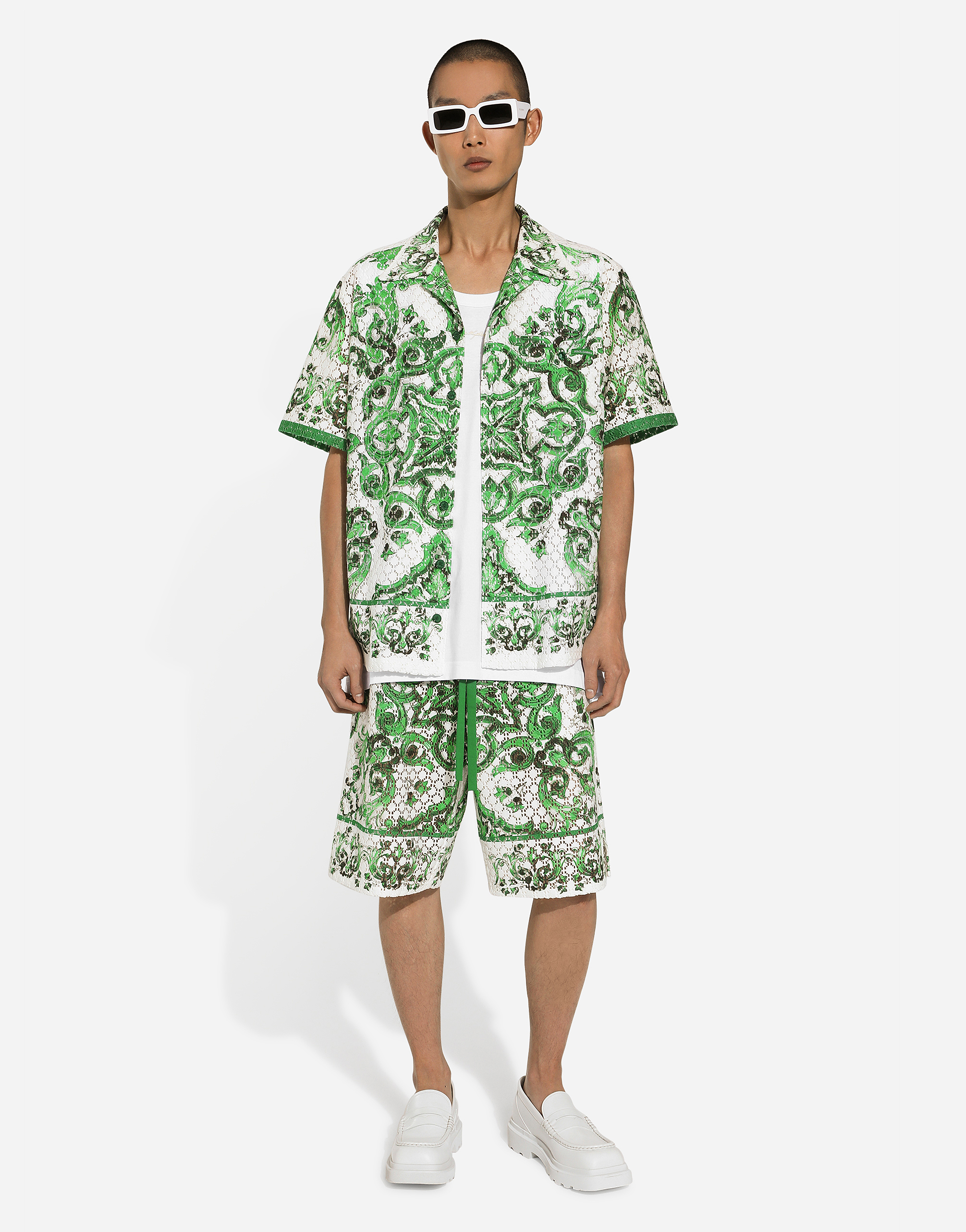 Dolce & Gabbana Crochet Lace Jogging Shorts With Majolica Print In Green