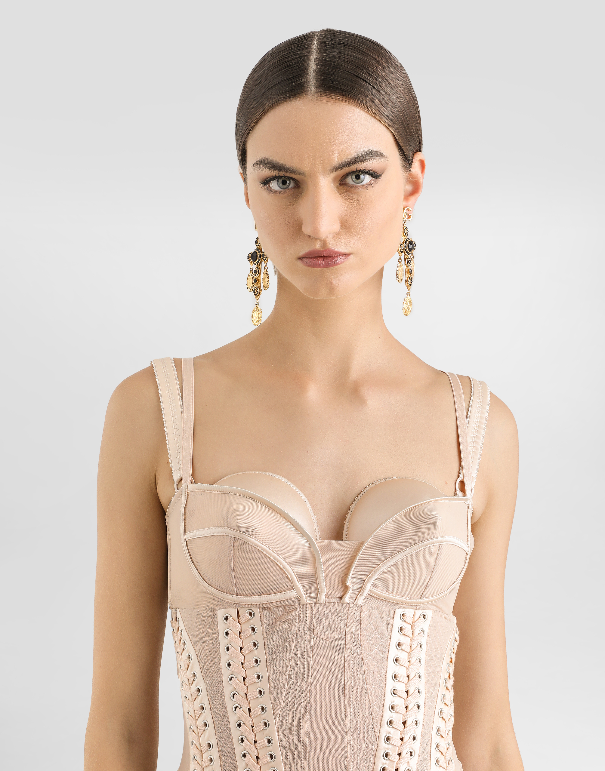 Dolce & Gabbana Light Tulle Calf-length Slip Dress With Corset Details In Pink