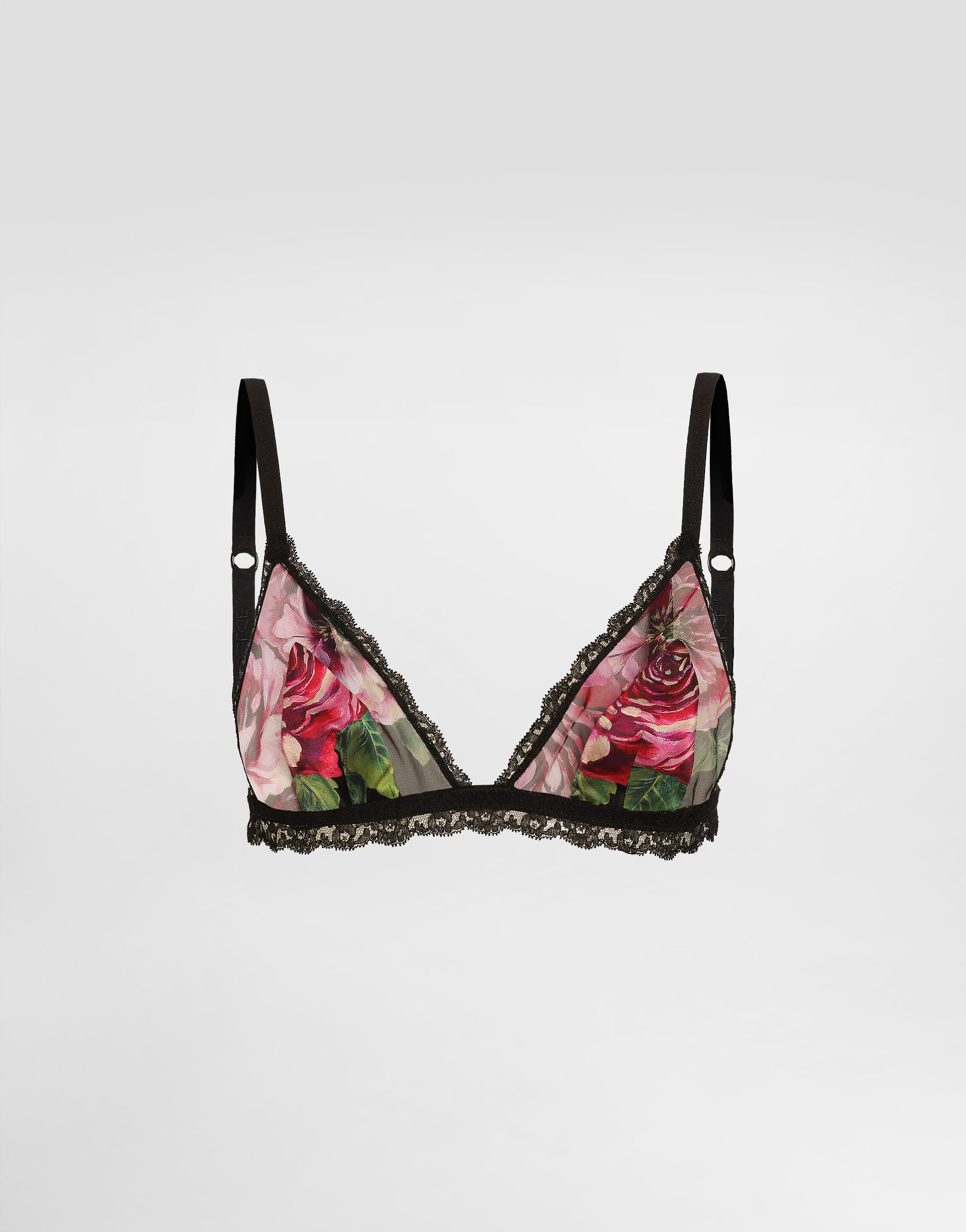 DOLCE & GABBANA ROSE-PRINT SATIN AND TULLE TRIANGLE BRA 