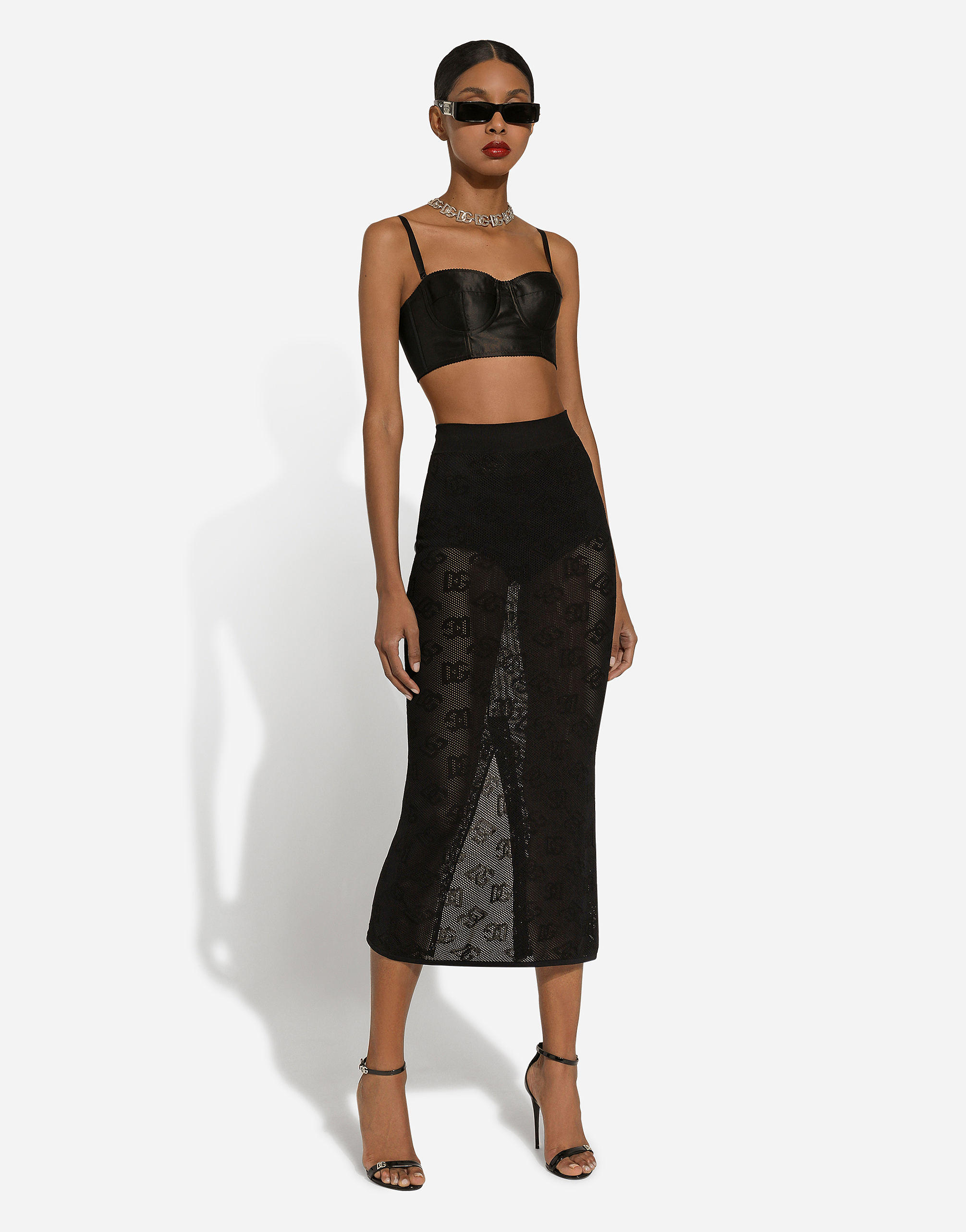 Shop Dolce & Gabbana Mesh-stitch Pencil Skirt With Jacquard Dg Logo In Black