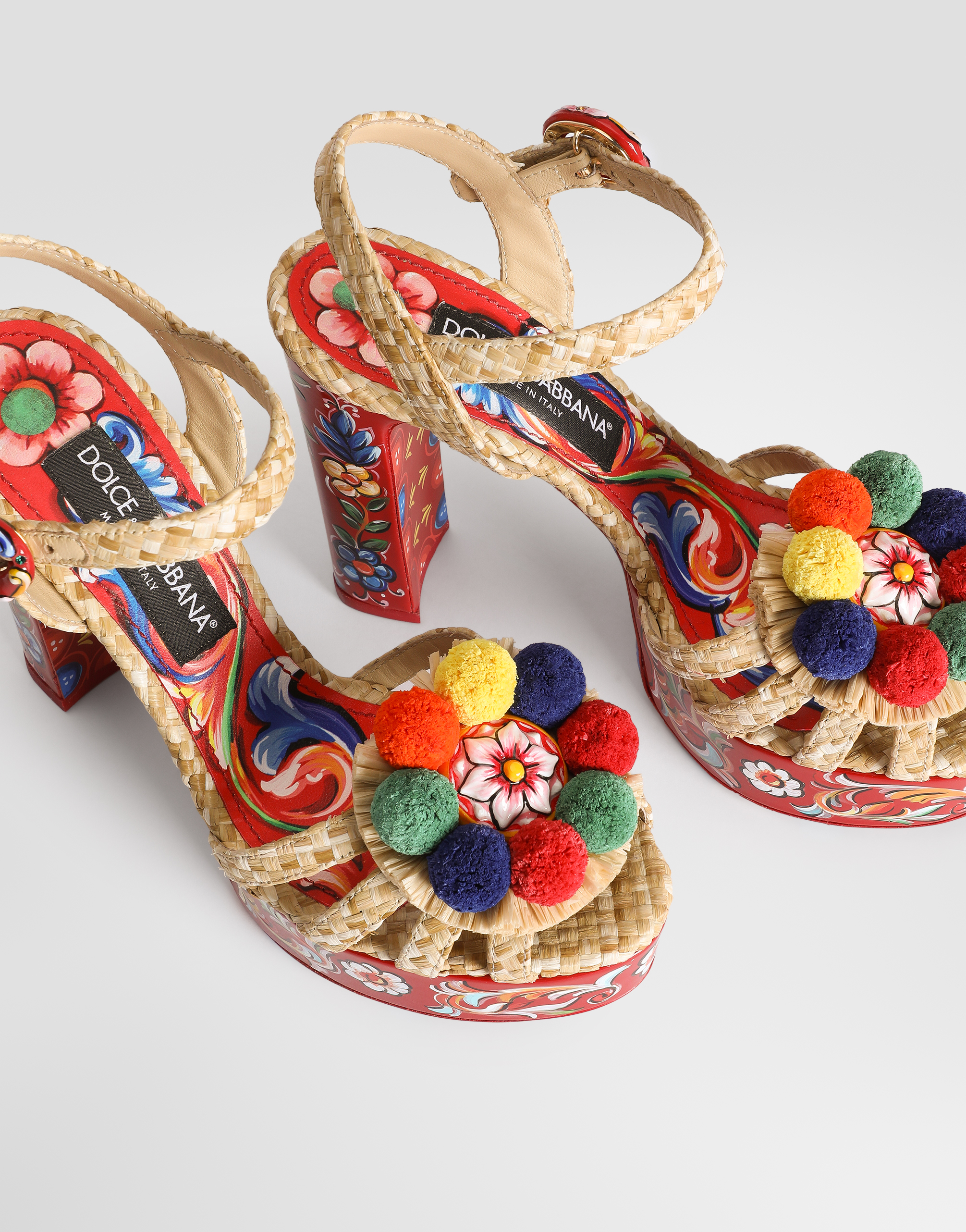 Dolce & Gabbana Keira Platform Heel Sandals Pompons Flowers In Multi