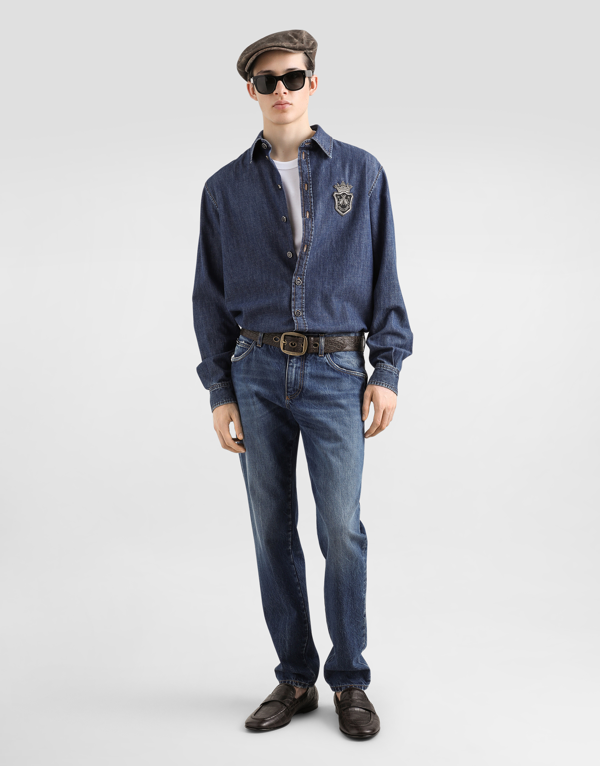 Denim shirt with heraldic emblem