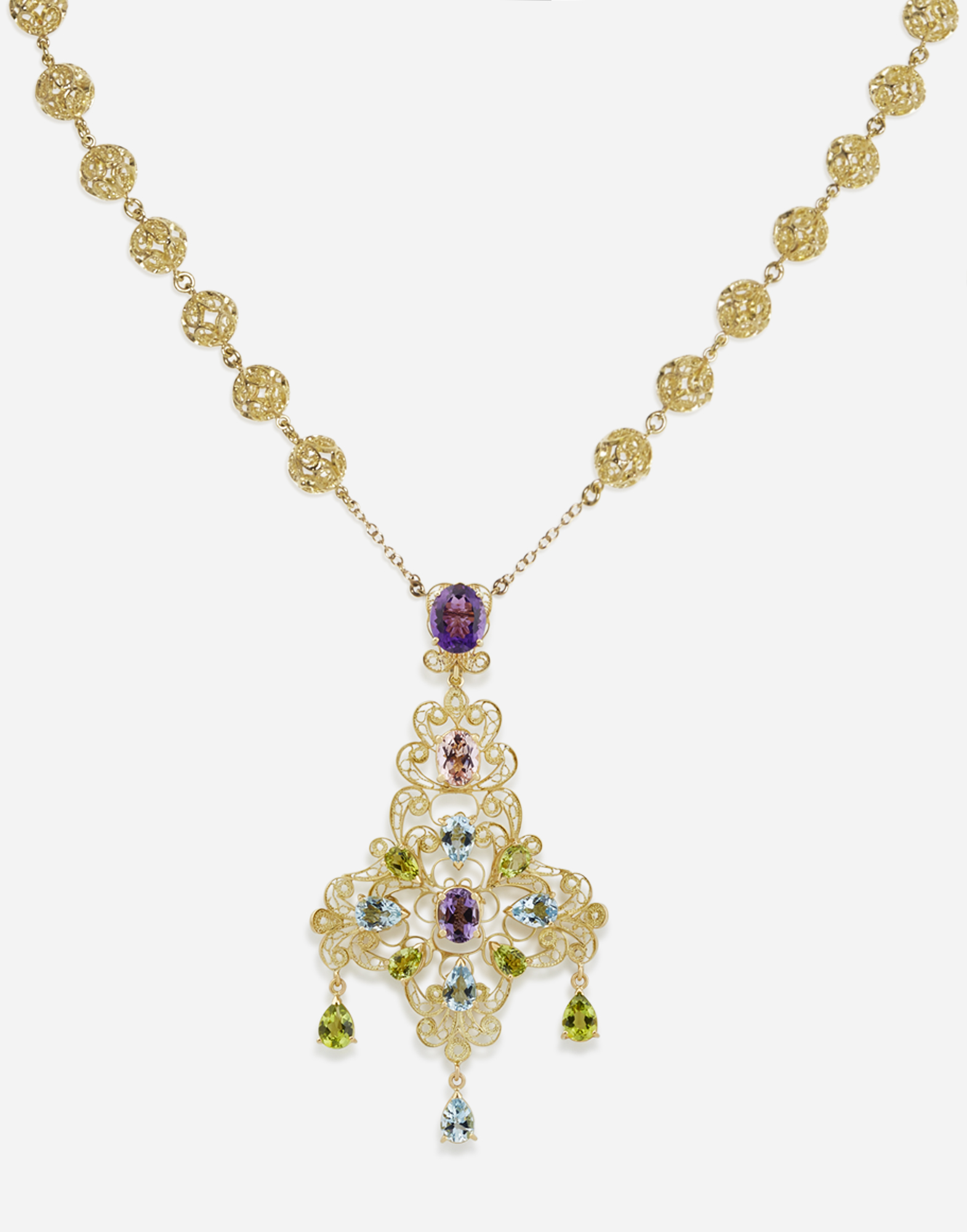 Shop Dolce & Gabbana Pizzo Necklace In Yellow Gold Filigree With Amethysts, Aquamarines, Peridots And Morganite