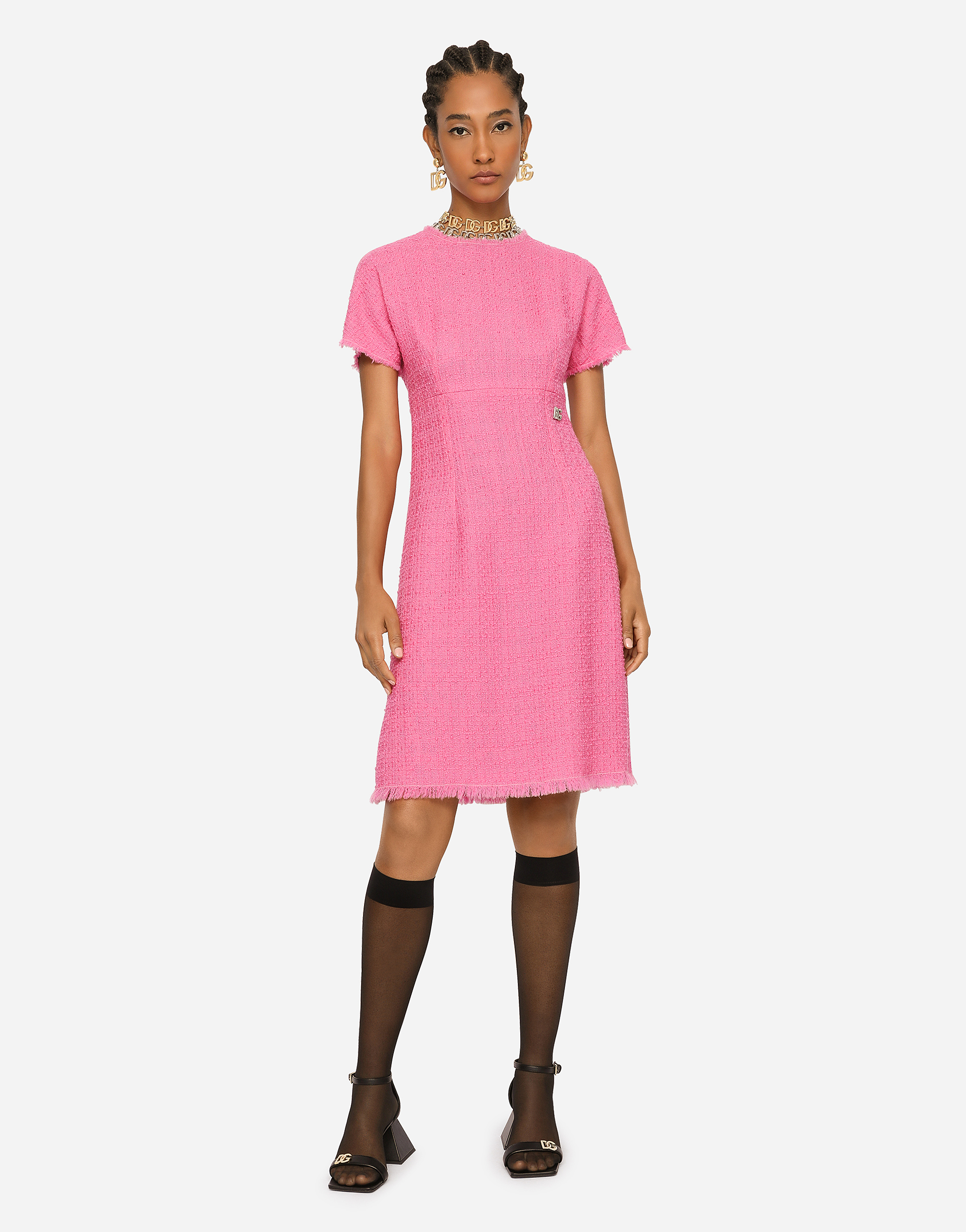 Shop Dolce & Gabbana Raschel Tweed Calf-length Dress With Dg Logo In Pink