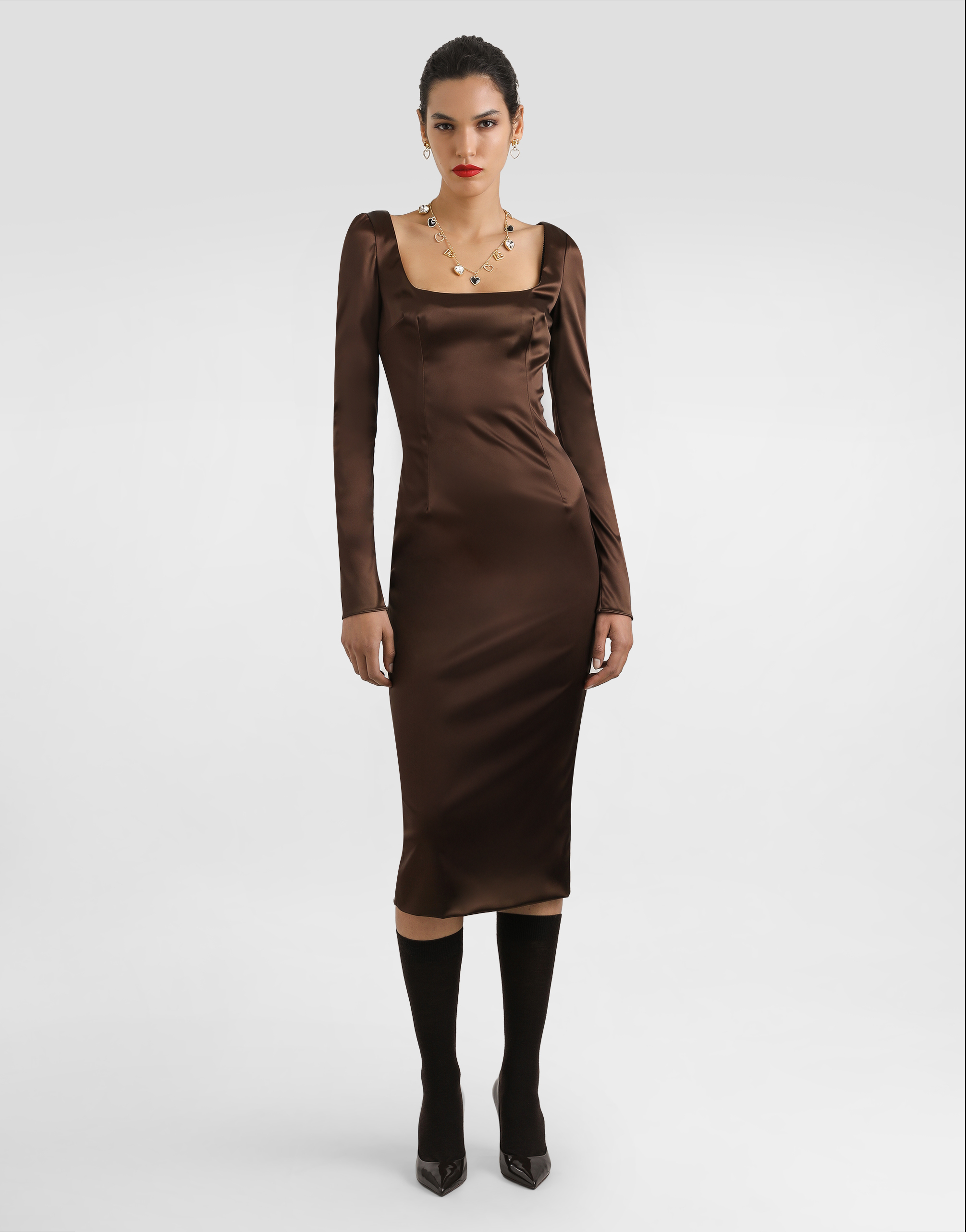 Dolce & Gabbana Dress In Stretch Satin In Brown