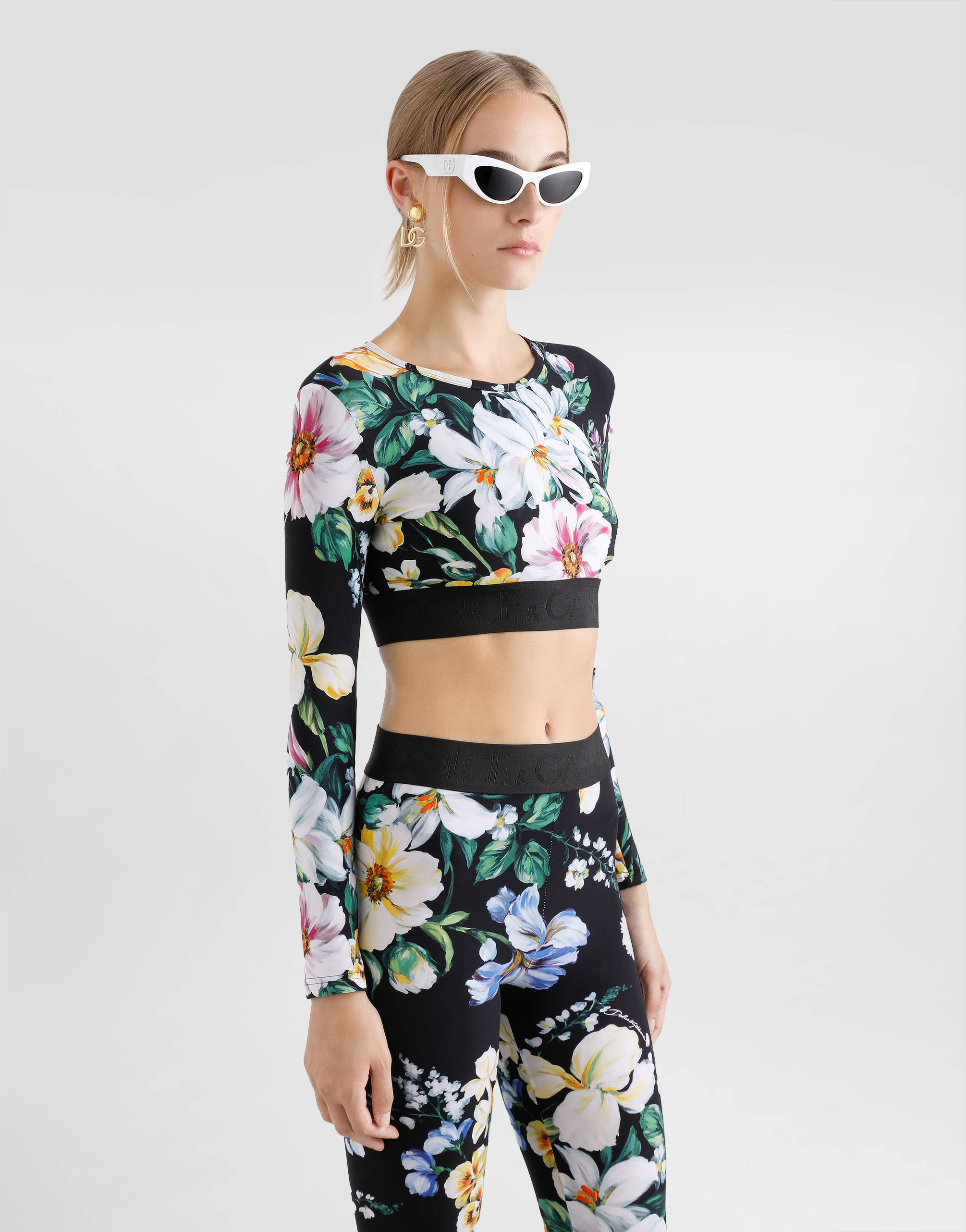 Dolce & Gabbana Black Activewear Crop Long Sleeve T-shirt In Print