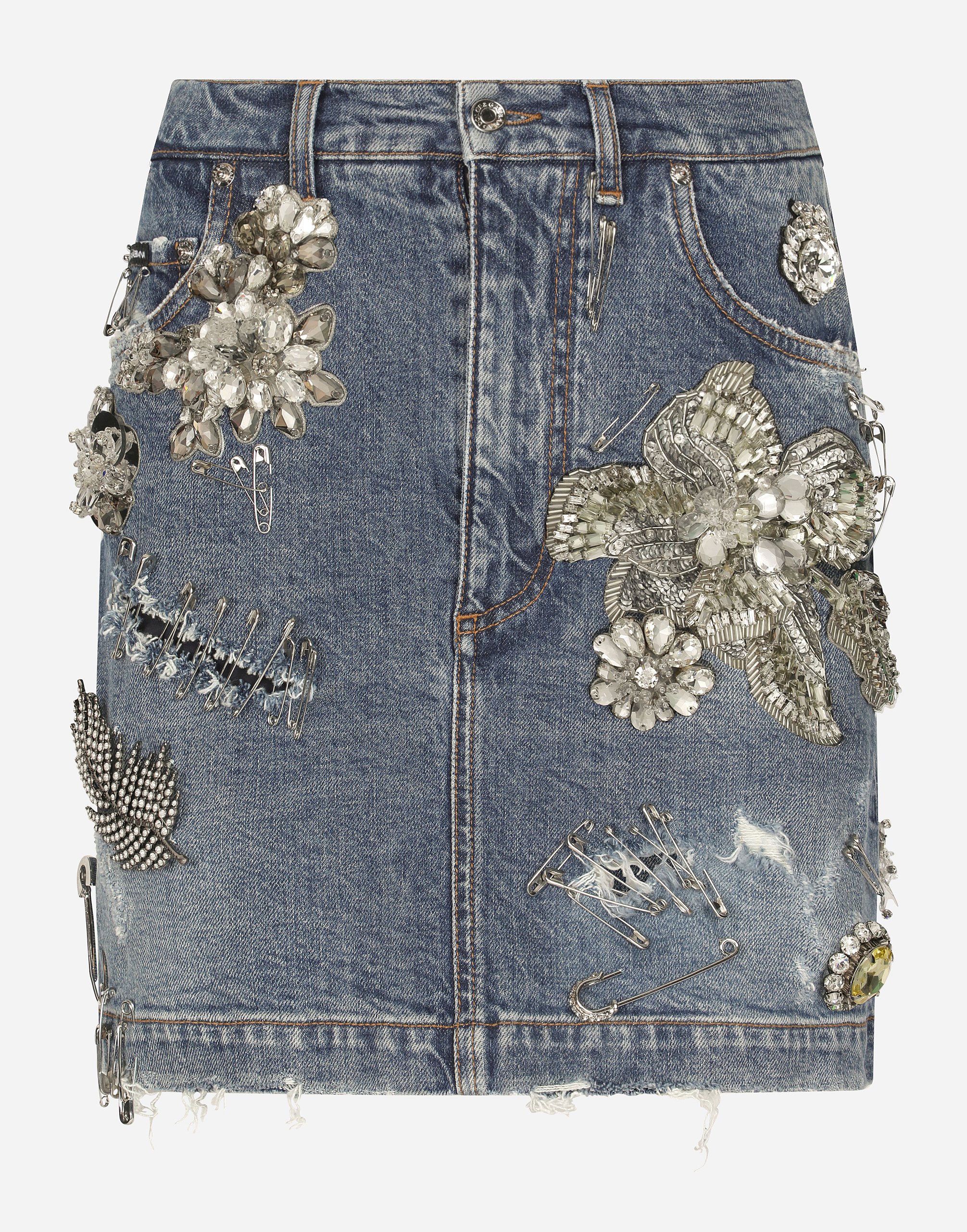 Dolce & Gabbana Floral Sequin-embellished Denim Skirt In Multicolor