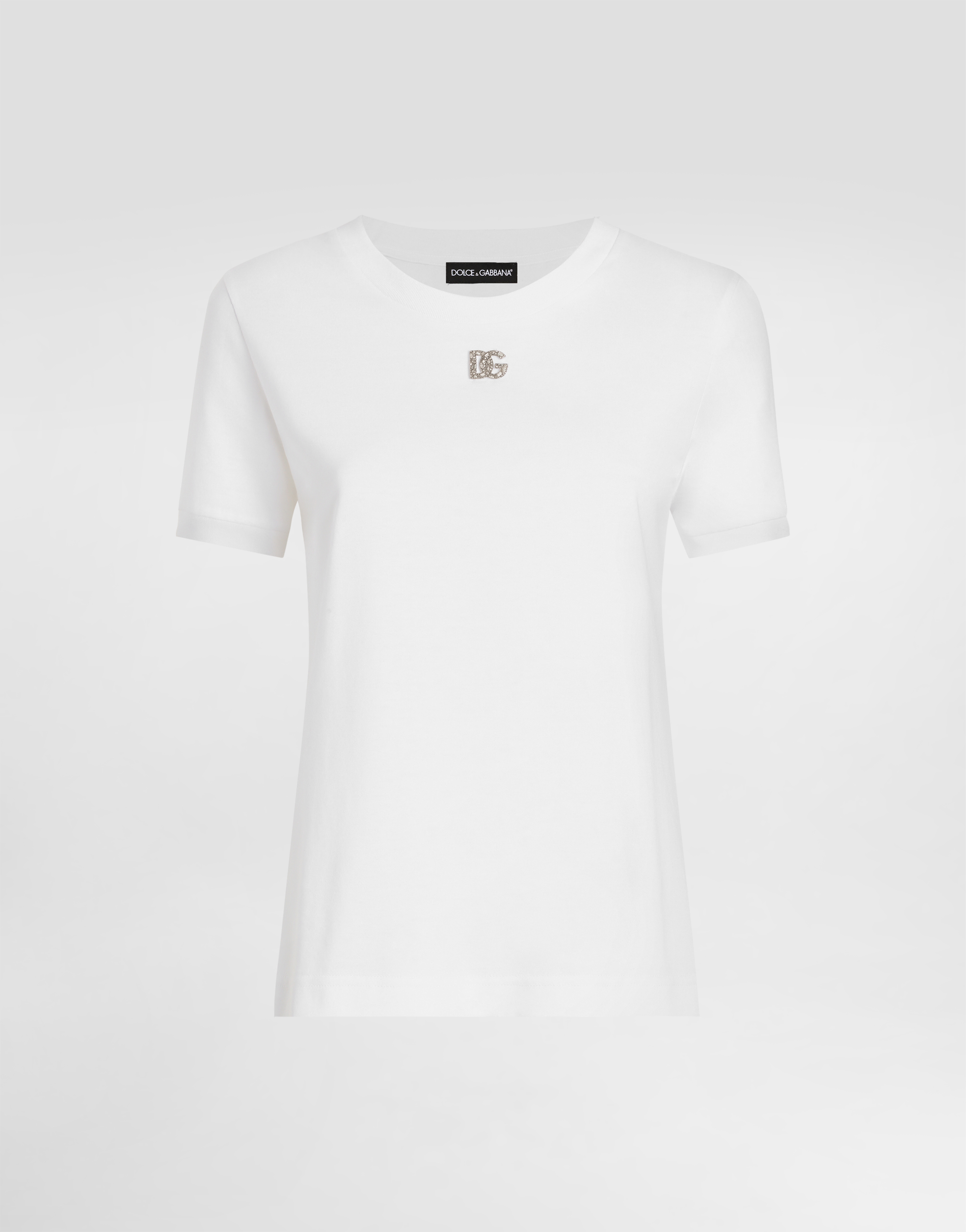 Dolce & Gabbana Female Jersey T-Shirt With Crystal Dg Embellishment - Woman T-Shirts And Sweatshirts Cotton White Size 36