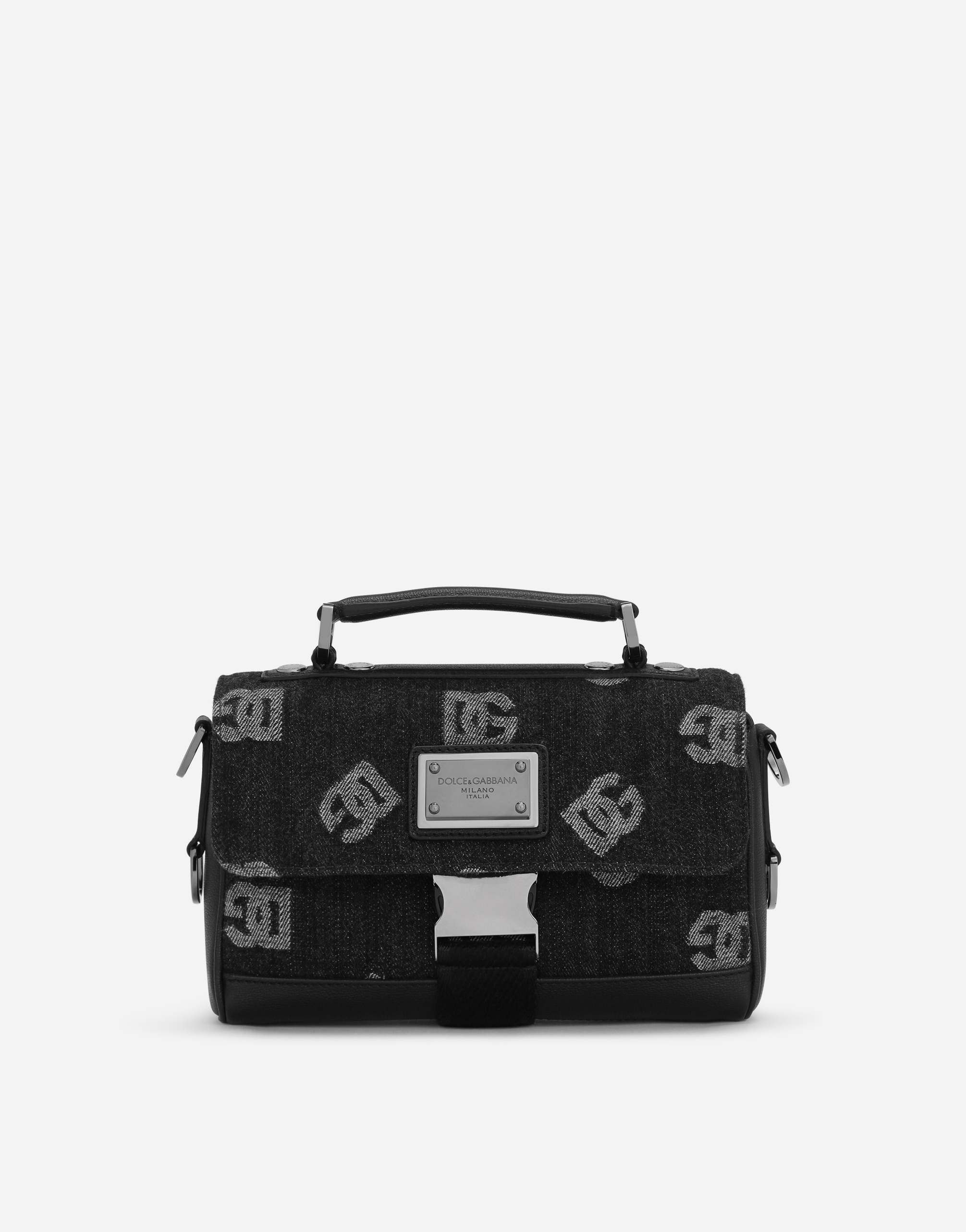 DOLCE & GABBANA CALFSKIN AND DENIM CROSSBODY BAG WITH LOGO
