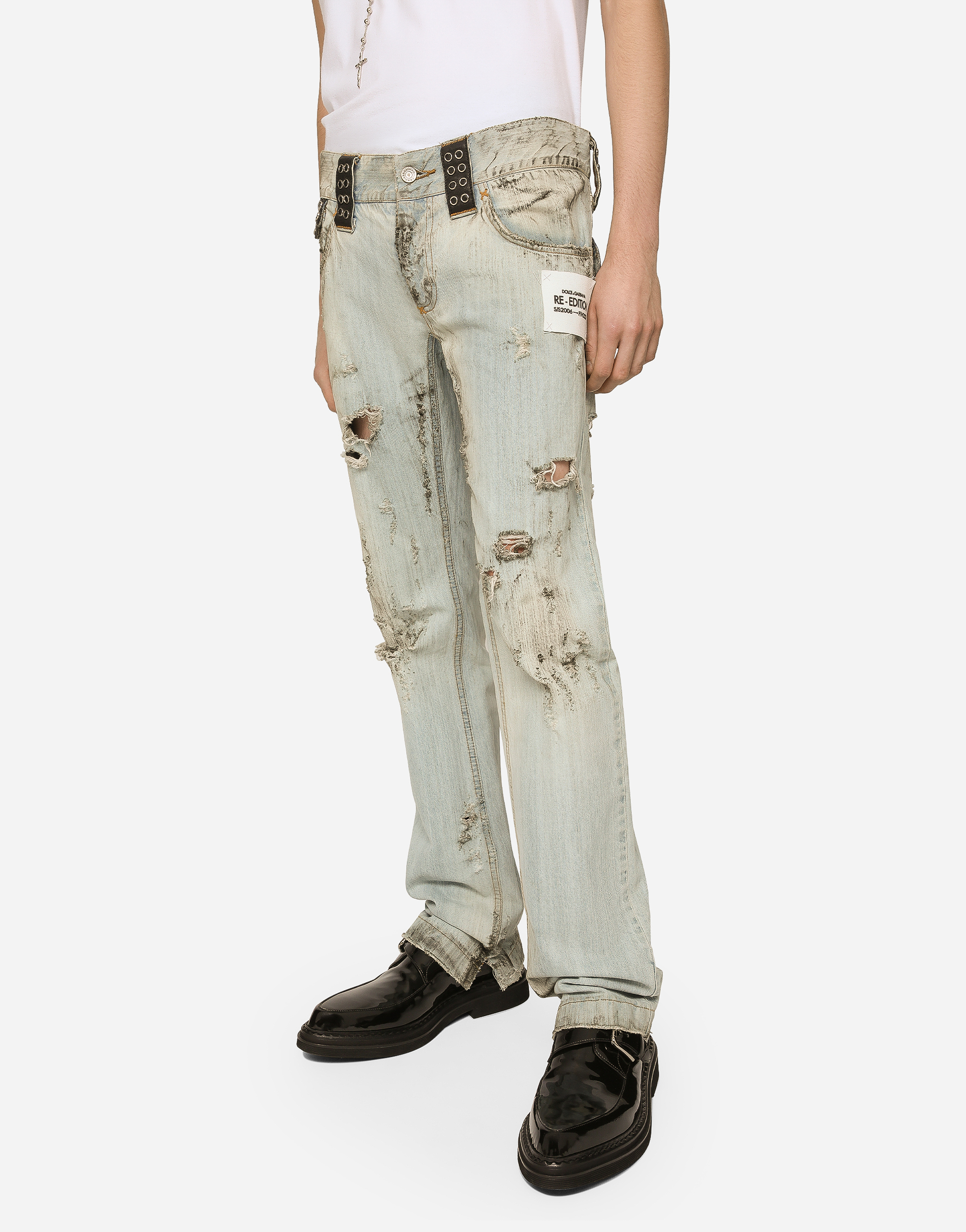 DOLCE & GABBANA WASHED DIRTY DENIM JEANS WITH RIPS