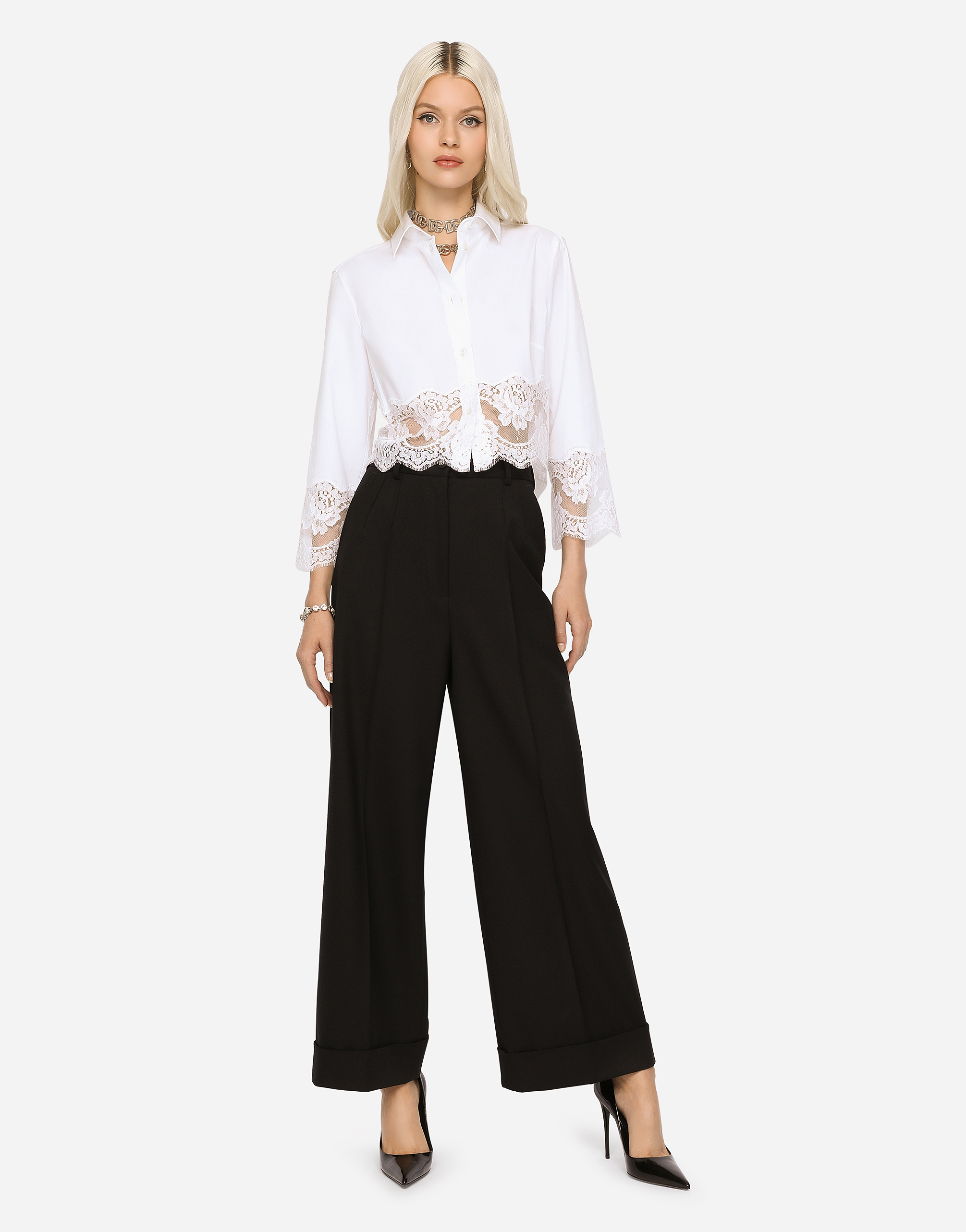 Shop Dolce & Gabbana Cropped Poplin Shirt With Lace Inserts In White