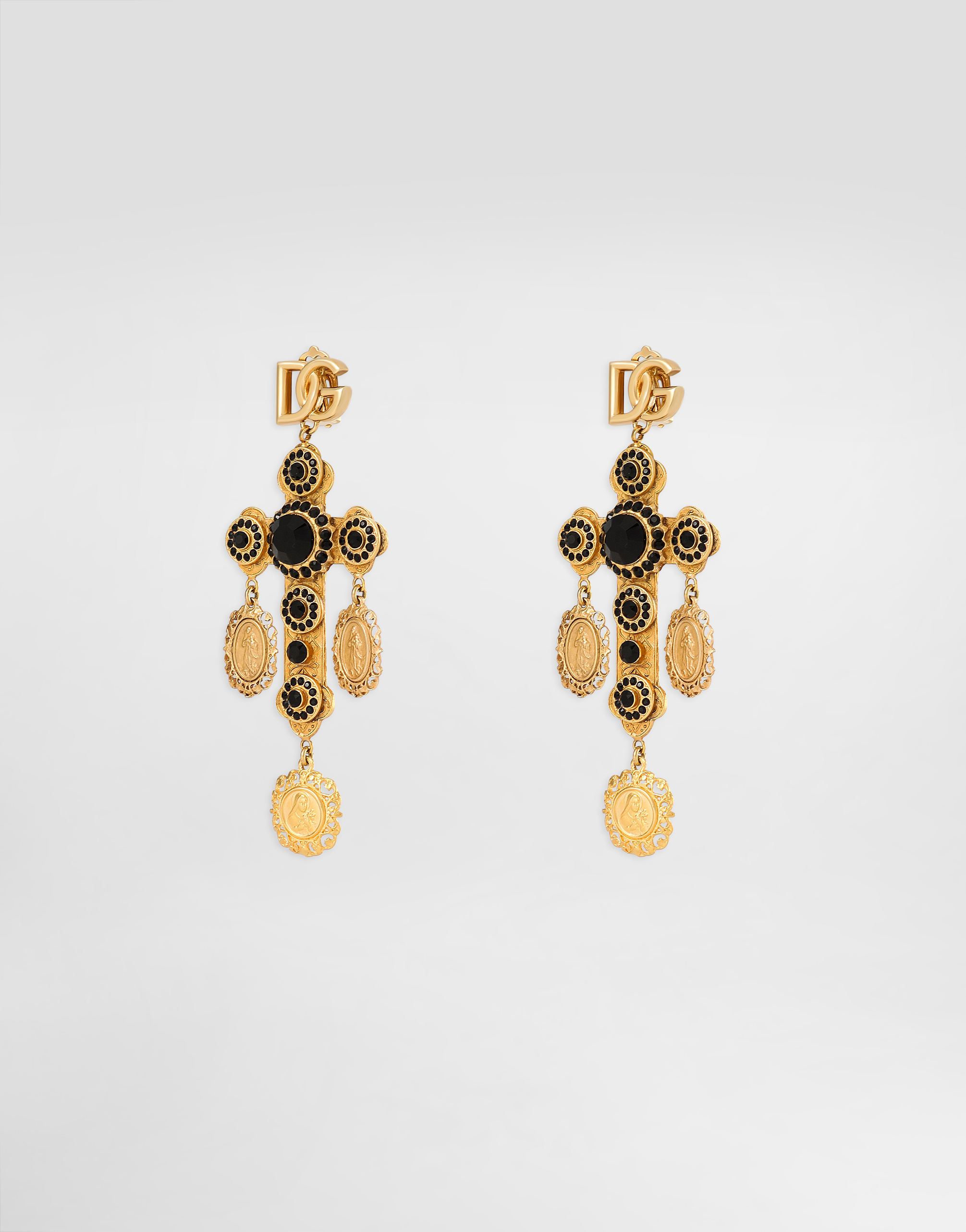 Dolce & Gabbana Drop Cross Earrings With Votive Medallions In Gold