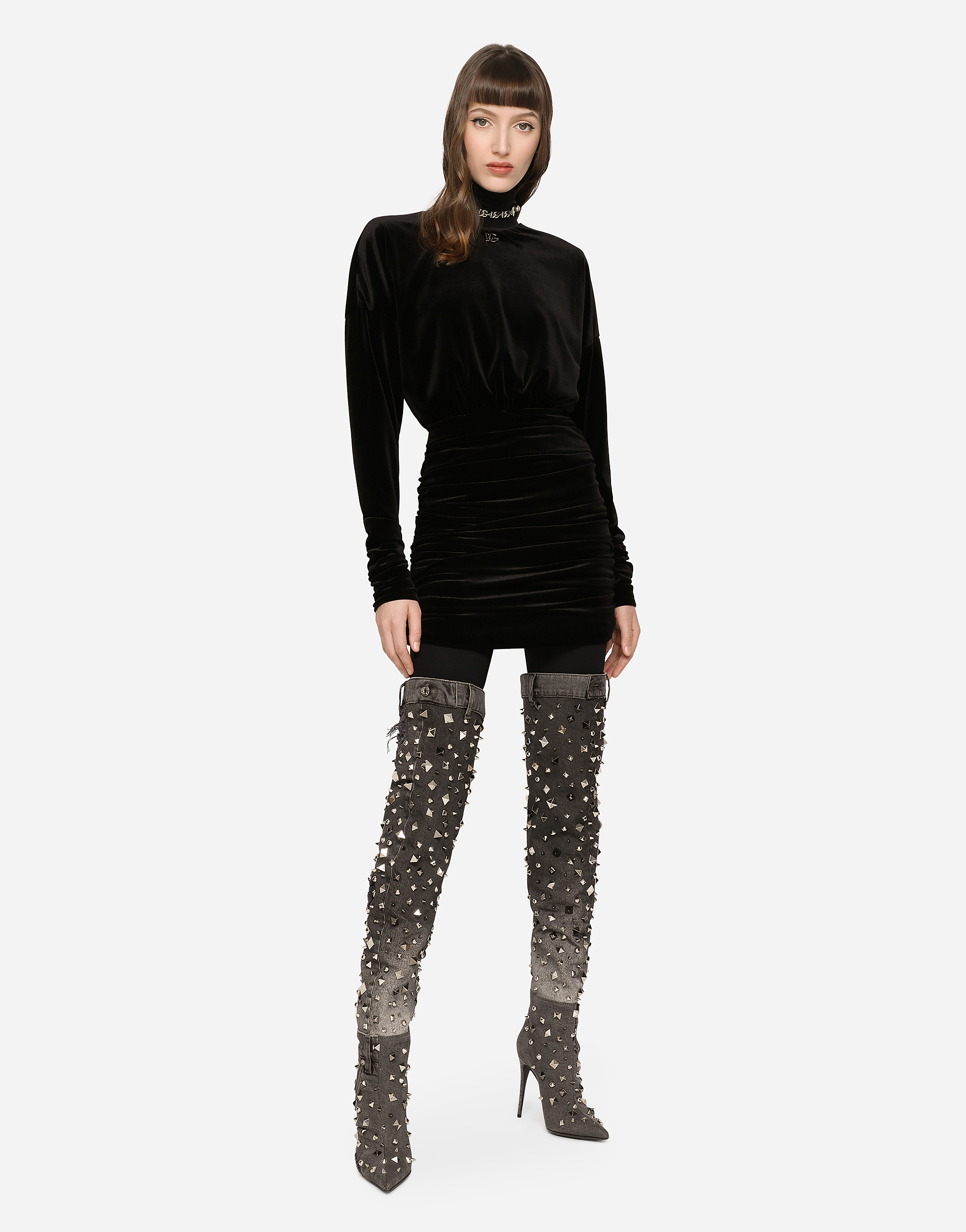 Dolce & Gabbana Short Draped Velvet Dress With Dg Logo In Black