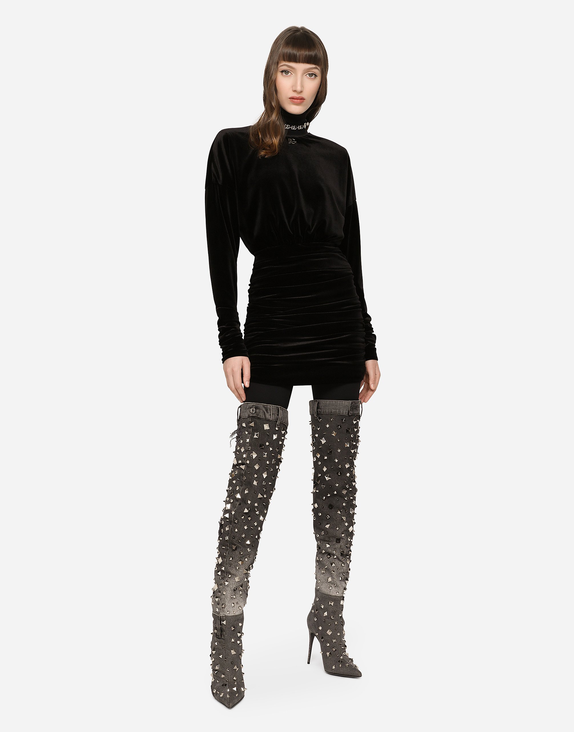 Dolce & Gabbana Short Draped Velvet Dress With Dg Logo In Black
