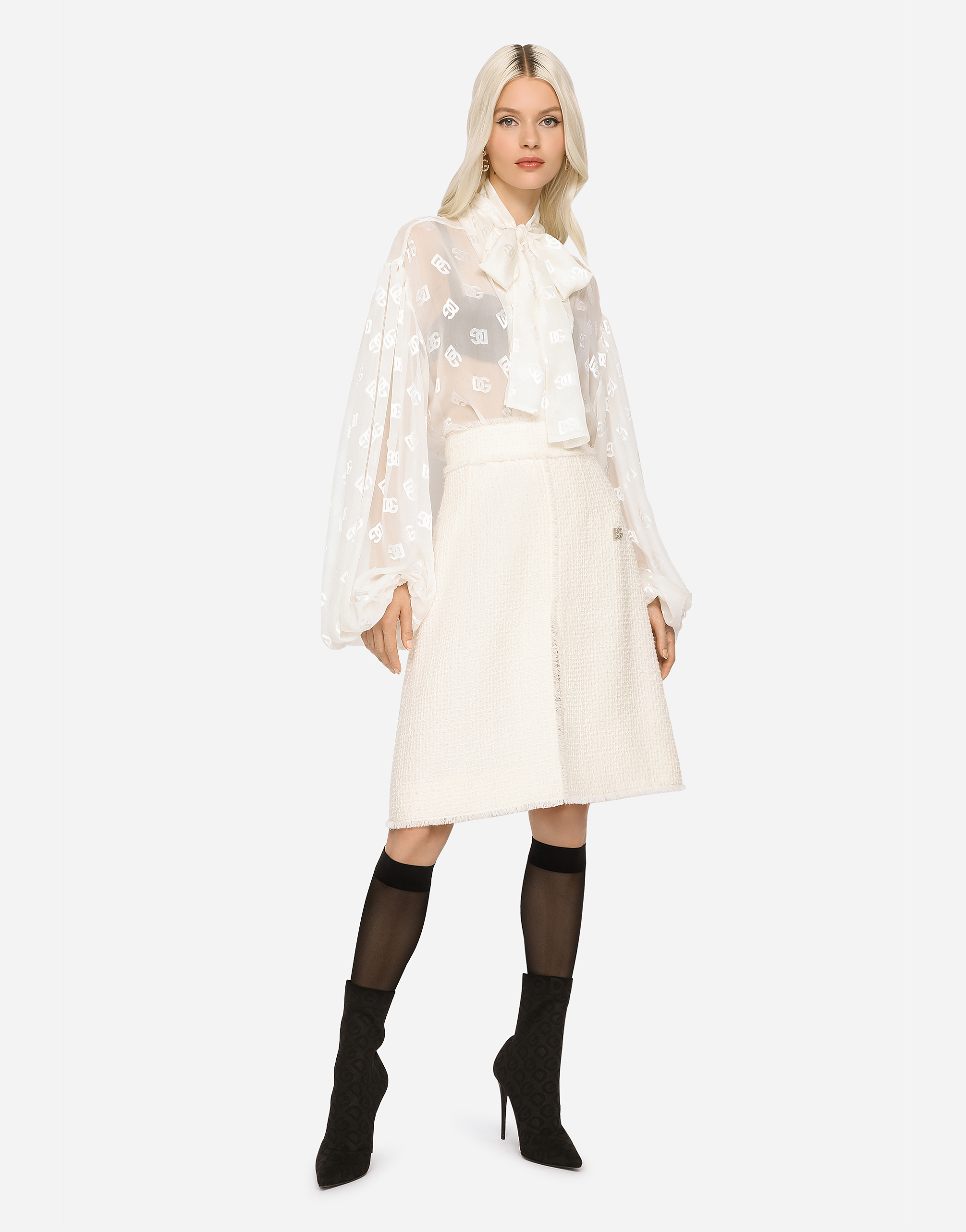 Dolce & Gabbana Devoré Satin Pussy-bow Shirt With All-over Dg Logo In White