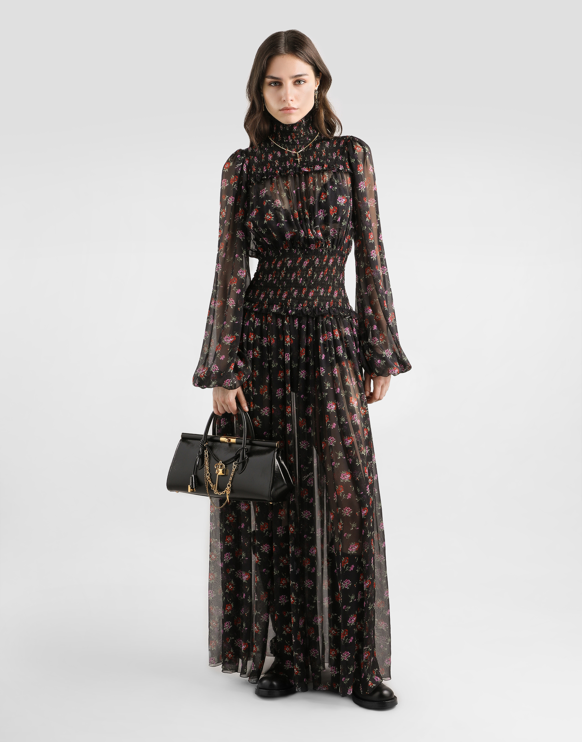 Dolce & Gabbana Floral-print Long Chiffon Dress In Multi