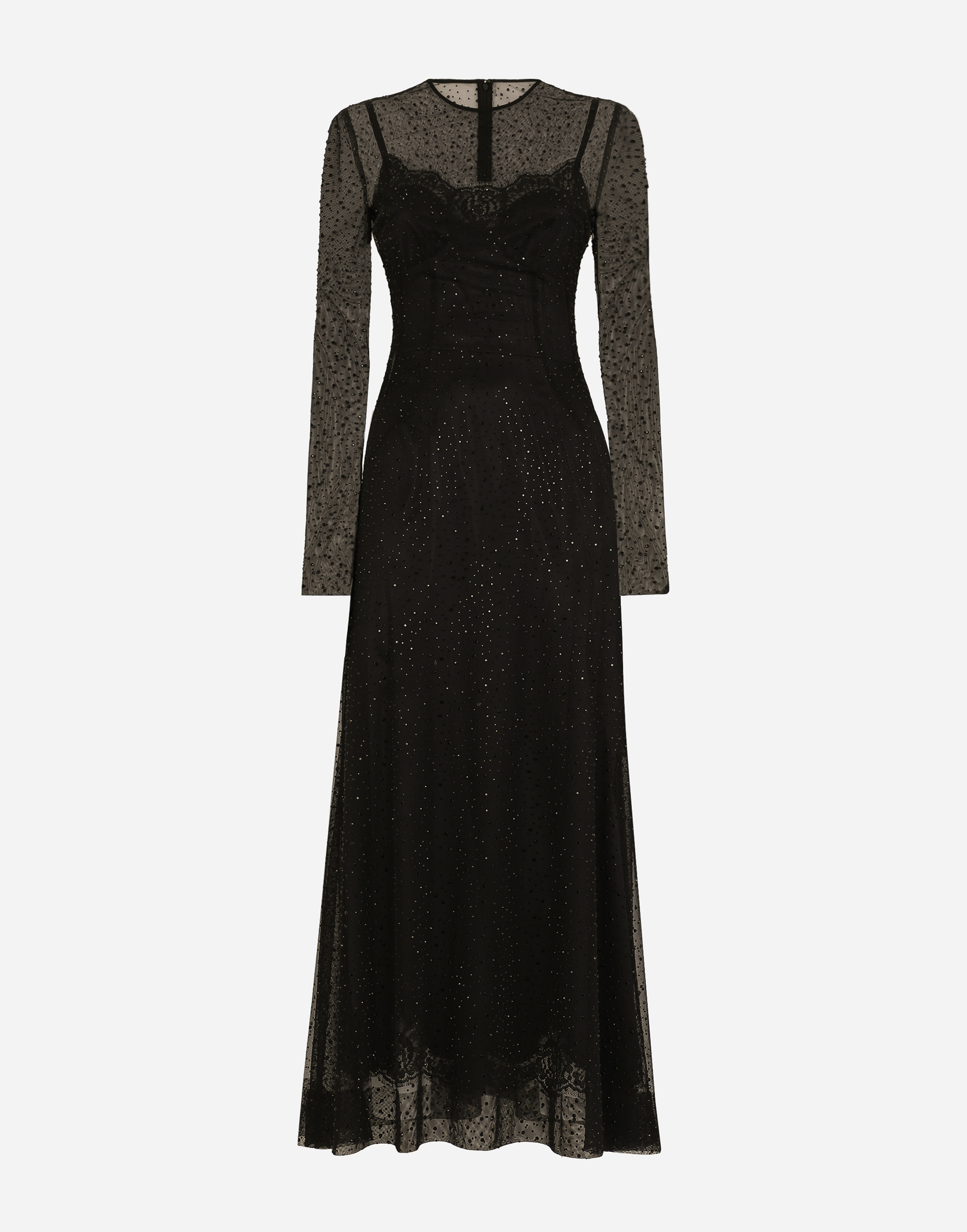 Long tulle dress with fusible rhinestone embellishment in Black