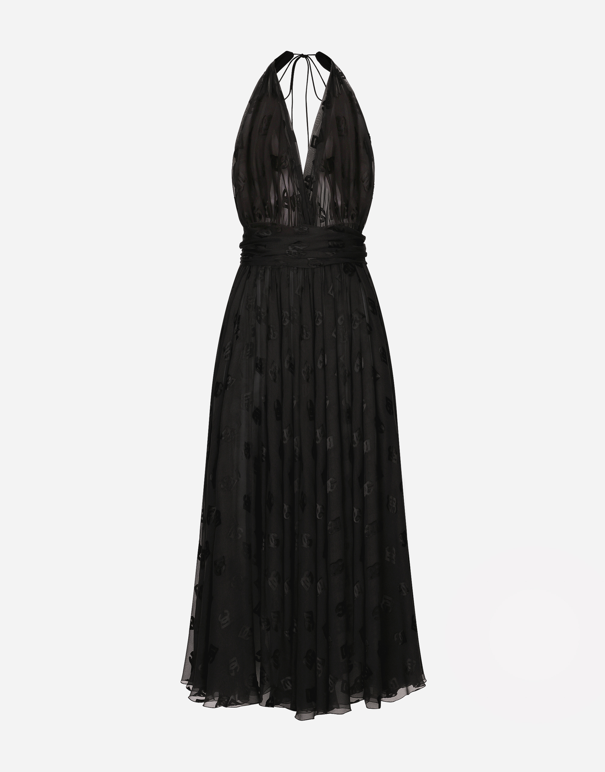 Dolce & Gabbana Dévoré Satin Calf-length Dress With All-over Dg Logo - Woman Dresses Black