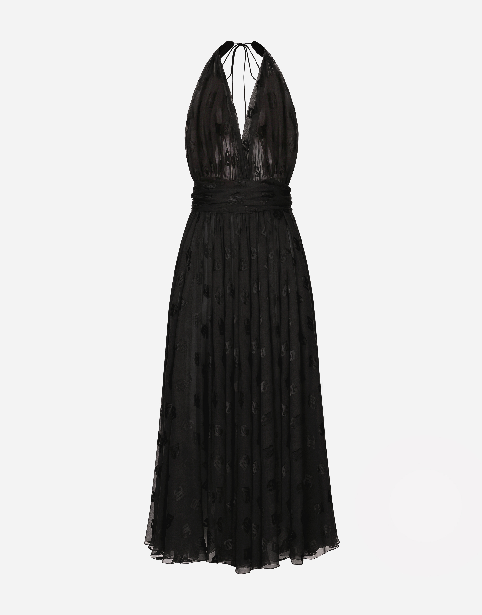 Dolce & Gabbana Dévoré Satin Calf-length Dress With All-over Dg Logo In Black