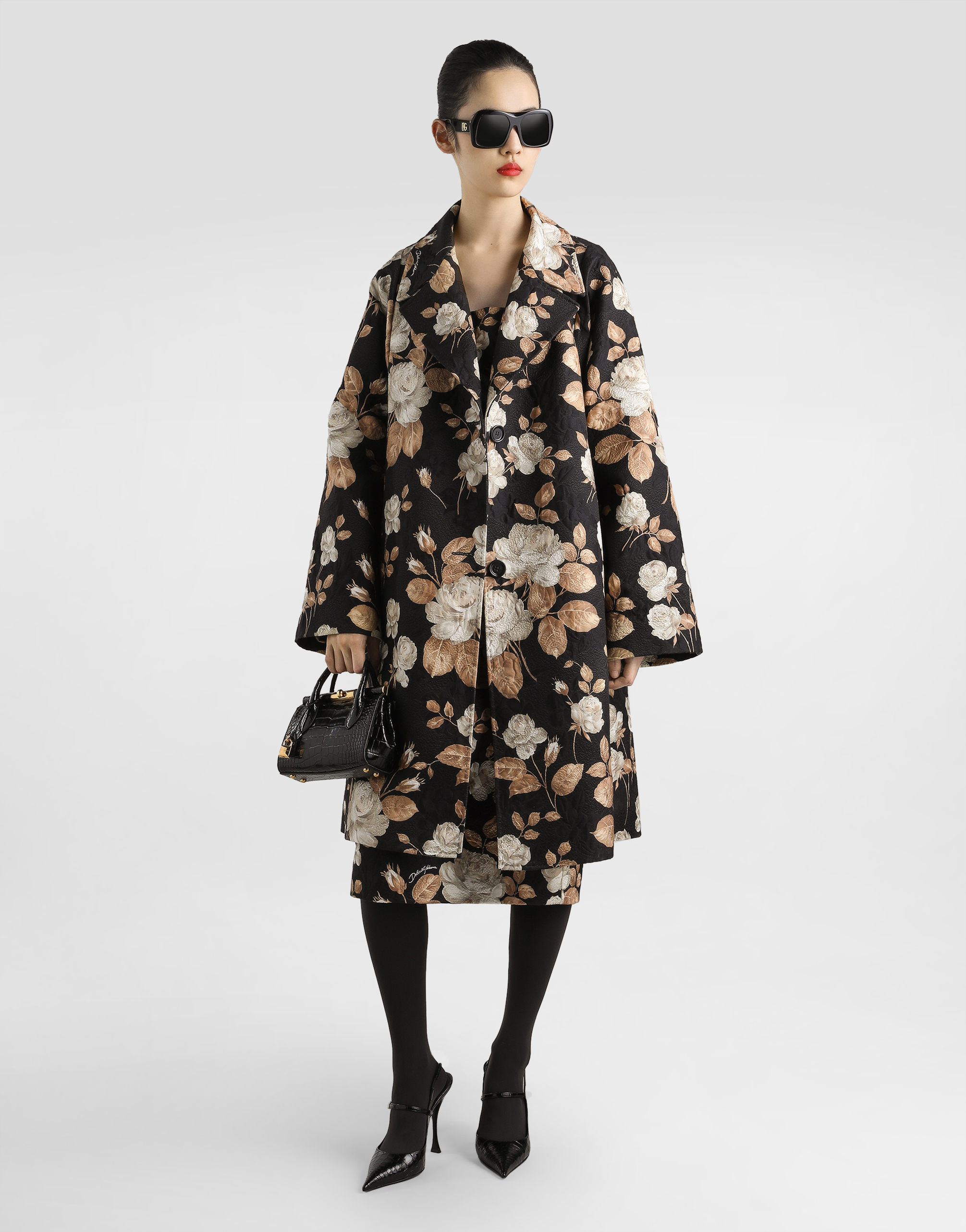 Rose-print brocade dress