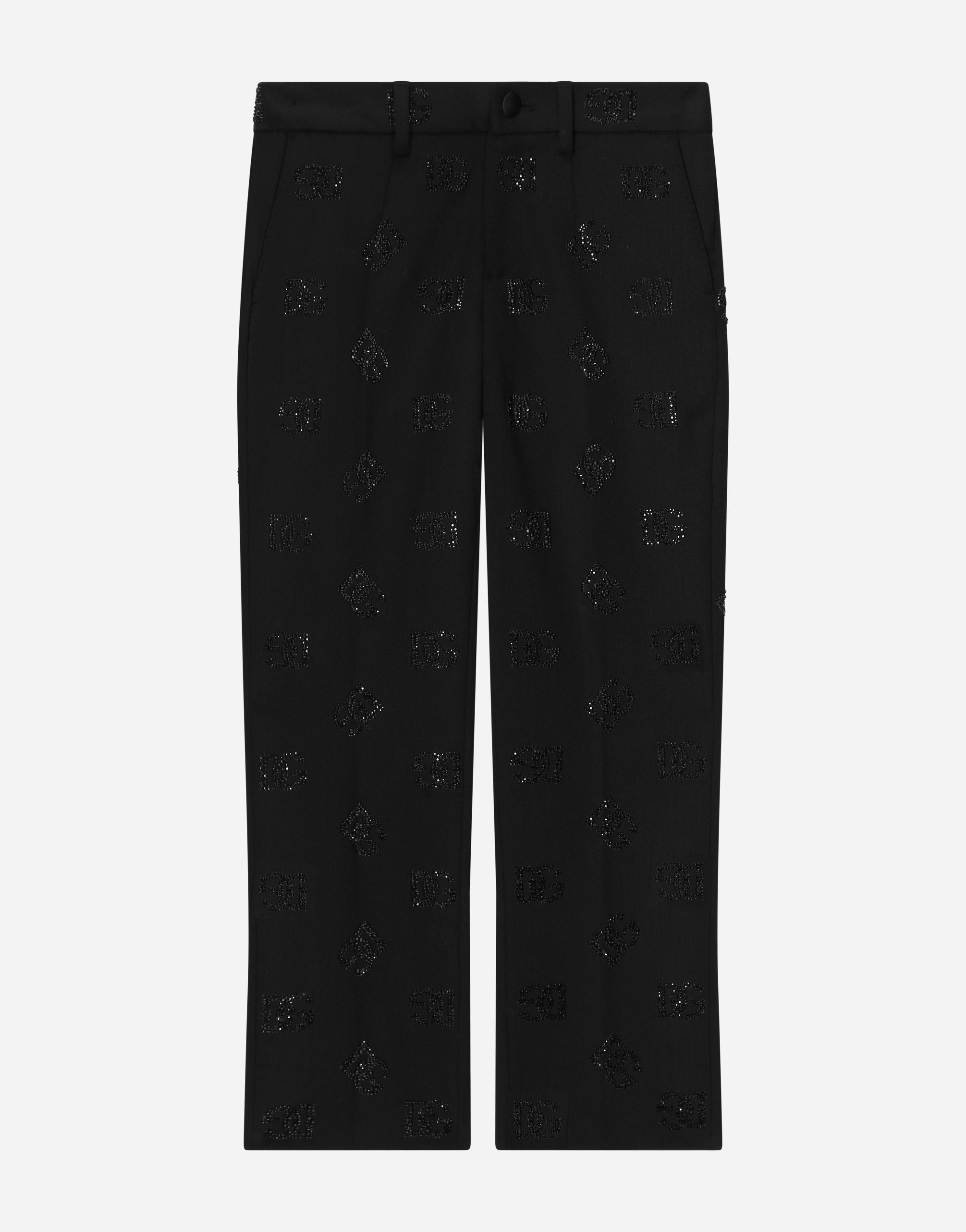 Dolce & Gabbana Classic Wool Pants With All-over Fusible-rhinestone Logo In Black