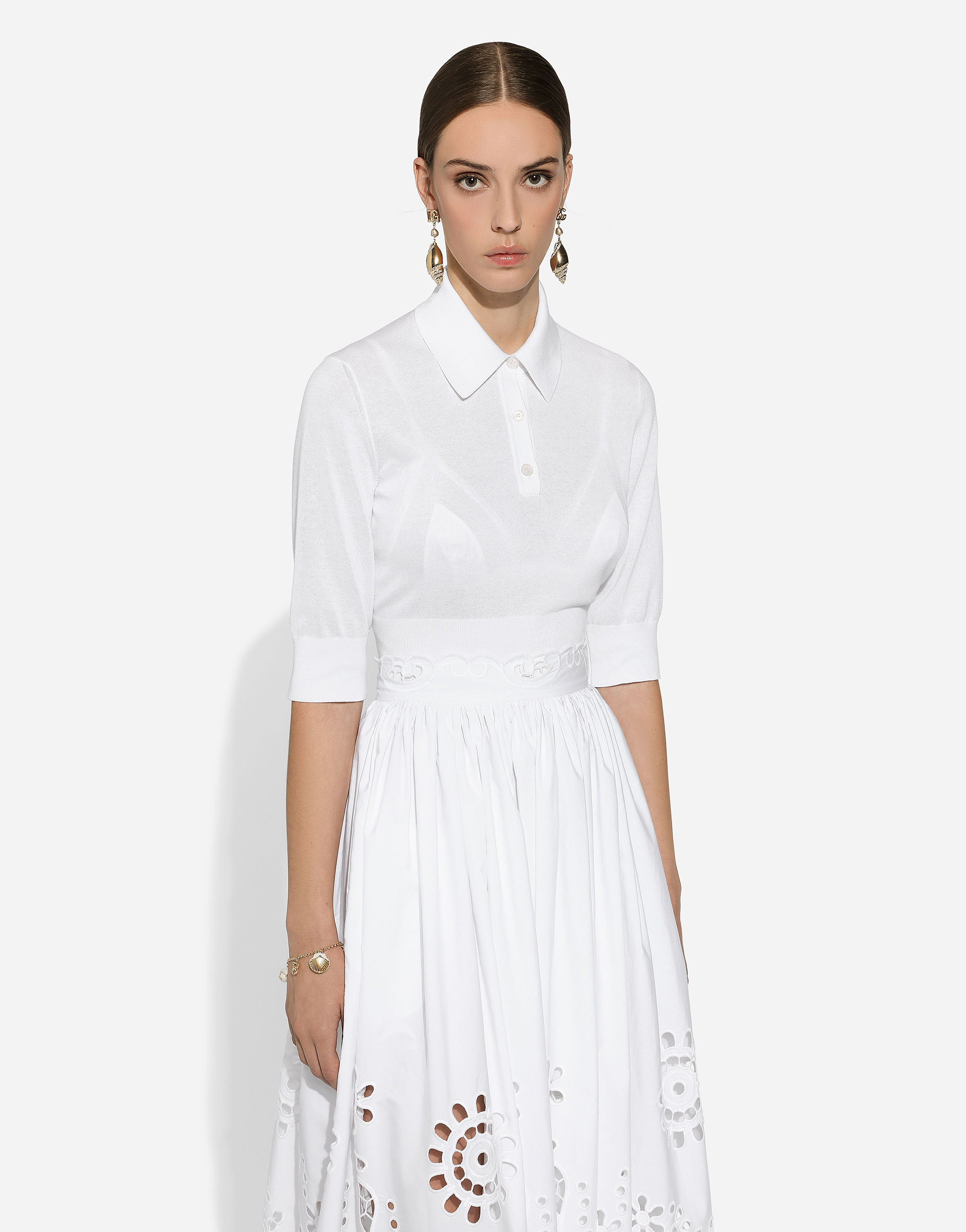Dolce & Gabbana Cropped Fine-knit Polo Shirt In ホワイト