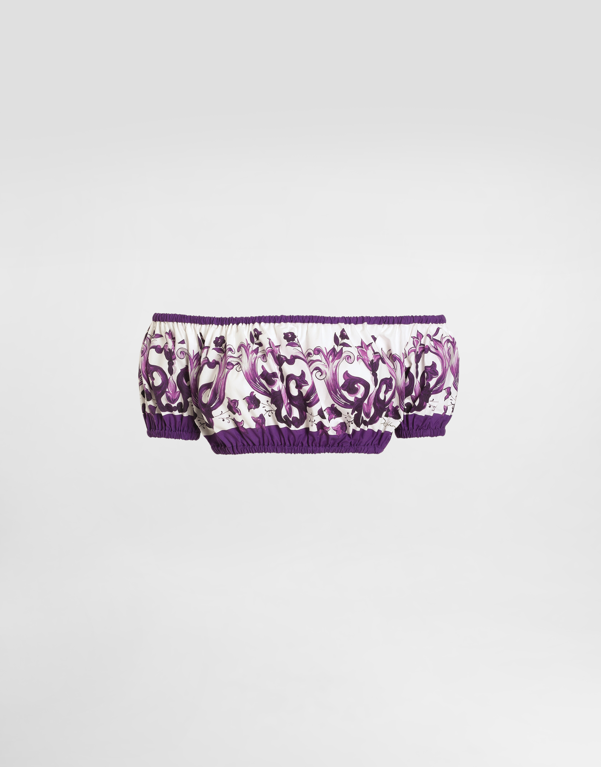 Dolce & Gabbana Violet Off-shoulder Cropped Top With All-over Floral Print In Cotton Woman