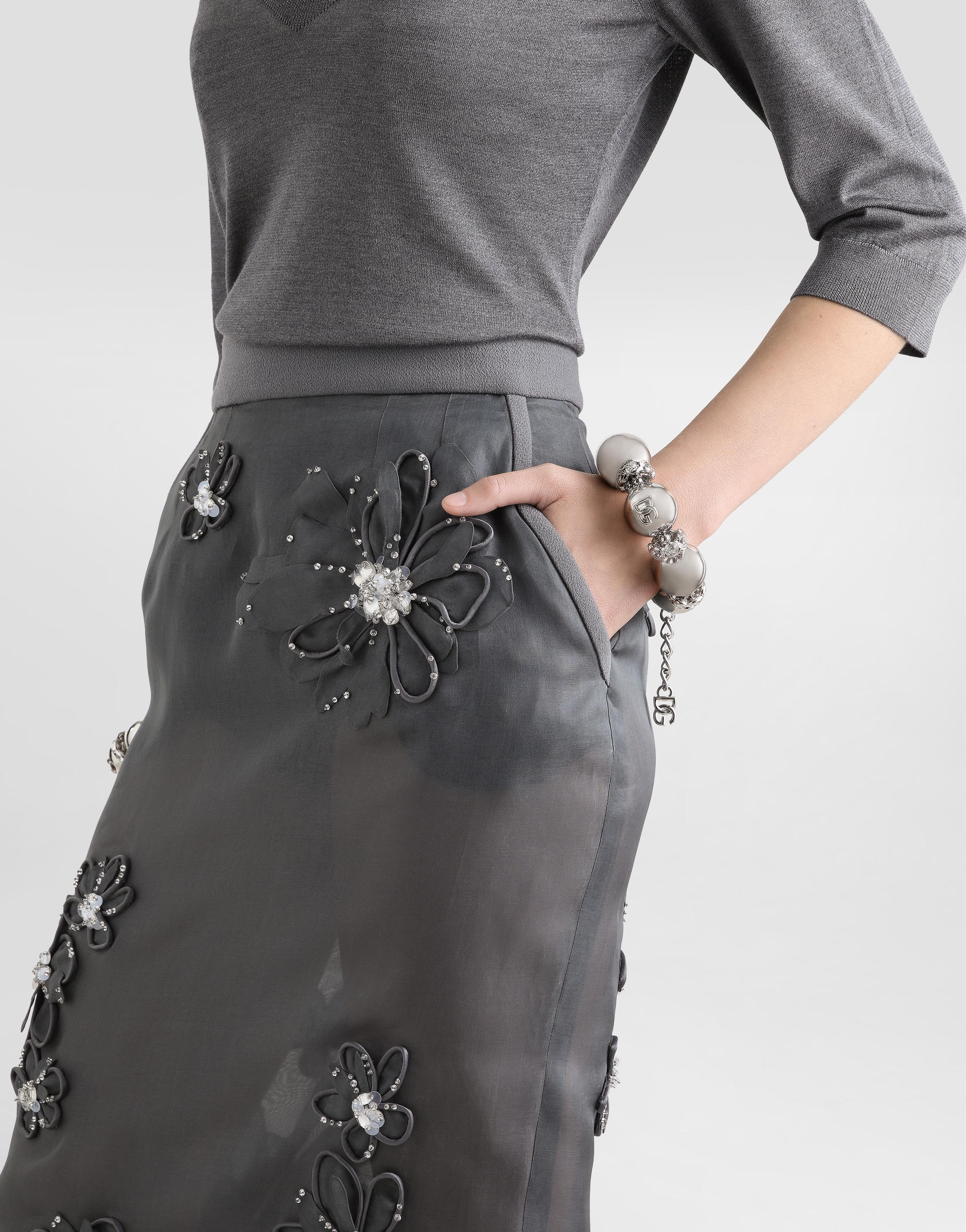 Dolce & Gabbana Organza Midi Skirt With Flower Embroidery In Multicolor