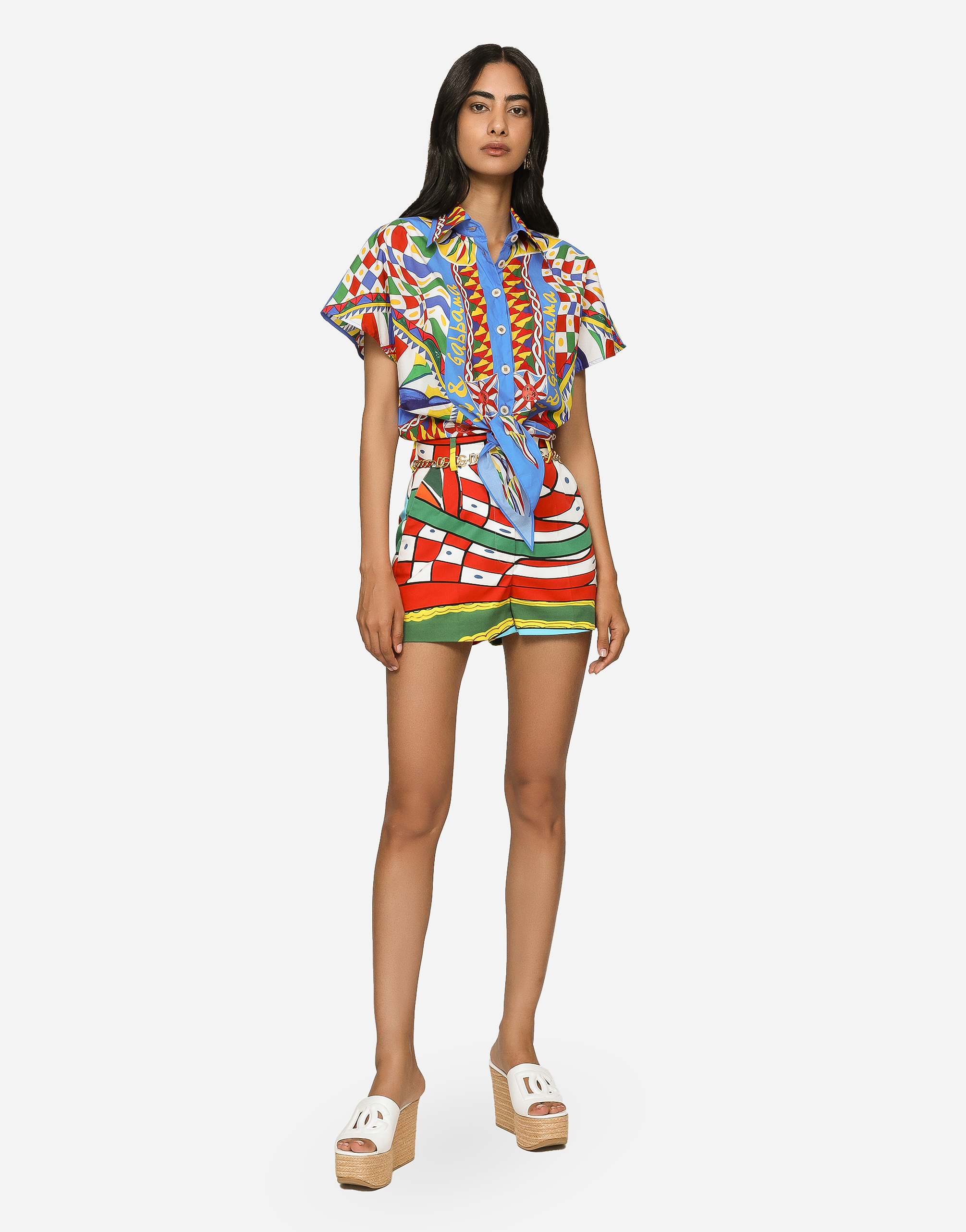 DOLCE & GABBANA SHORT CARRETTO-PRINT POPLIN SHIRT WITH KNOT DETAIL
