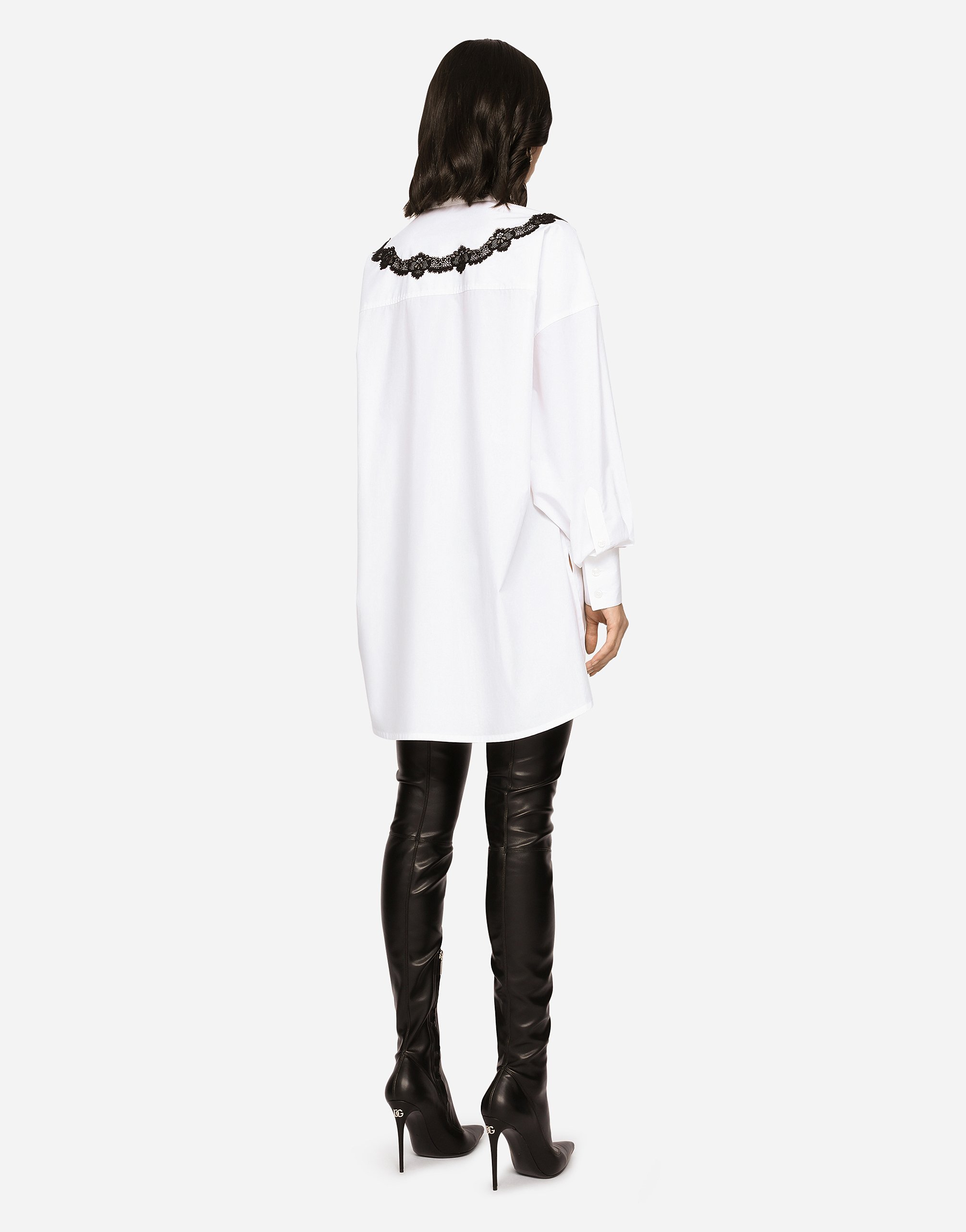Dolce & Gabbana Dolce&gabbana Oversize Lace Yoke High-low Cotton Blend Button-up Shirt In White