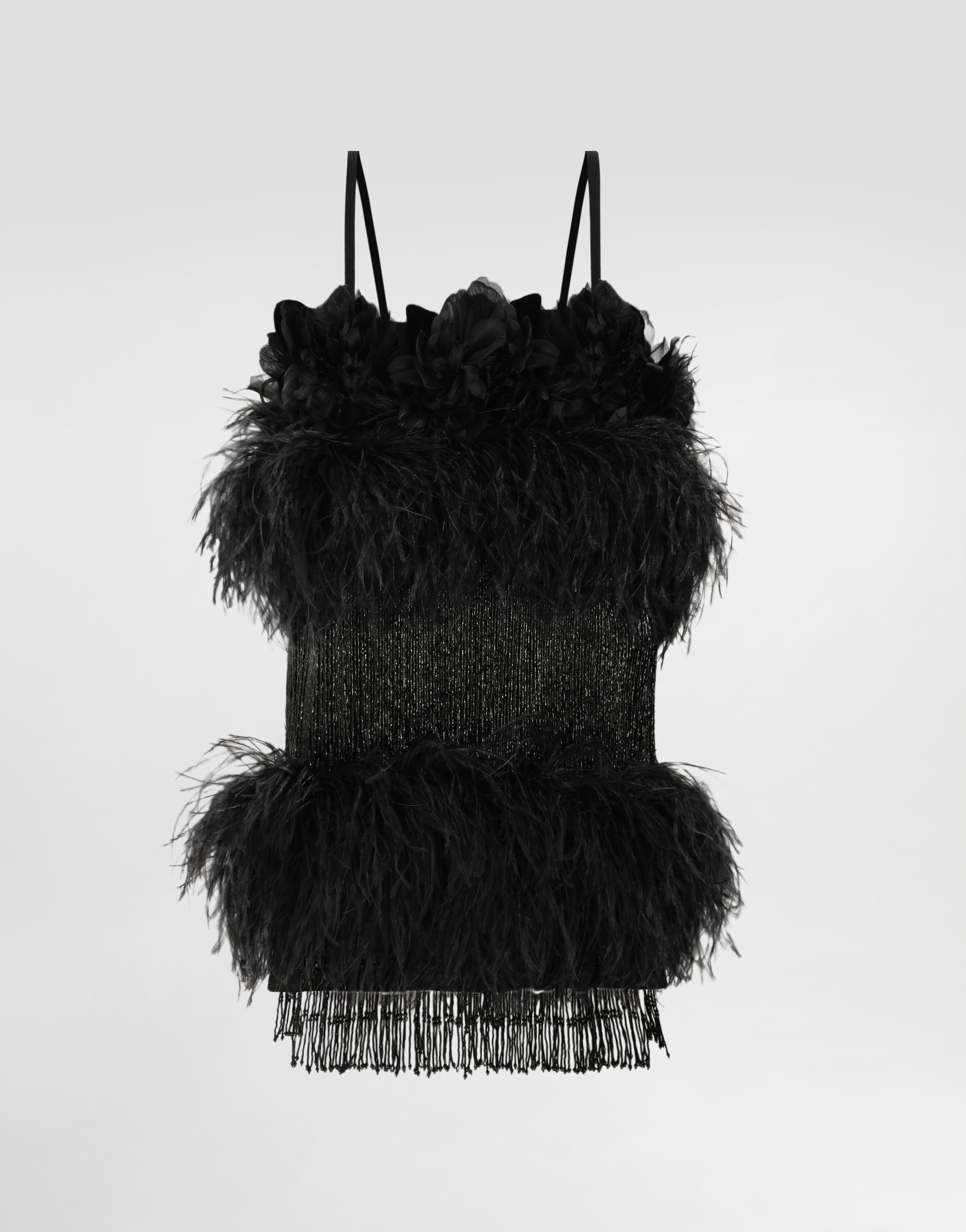 Dolce & Gabbana Satin Dress With Feathers In Black