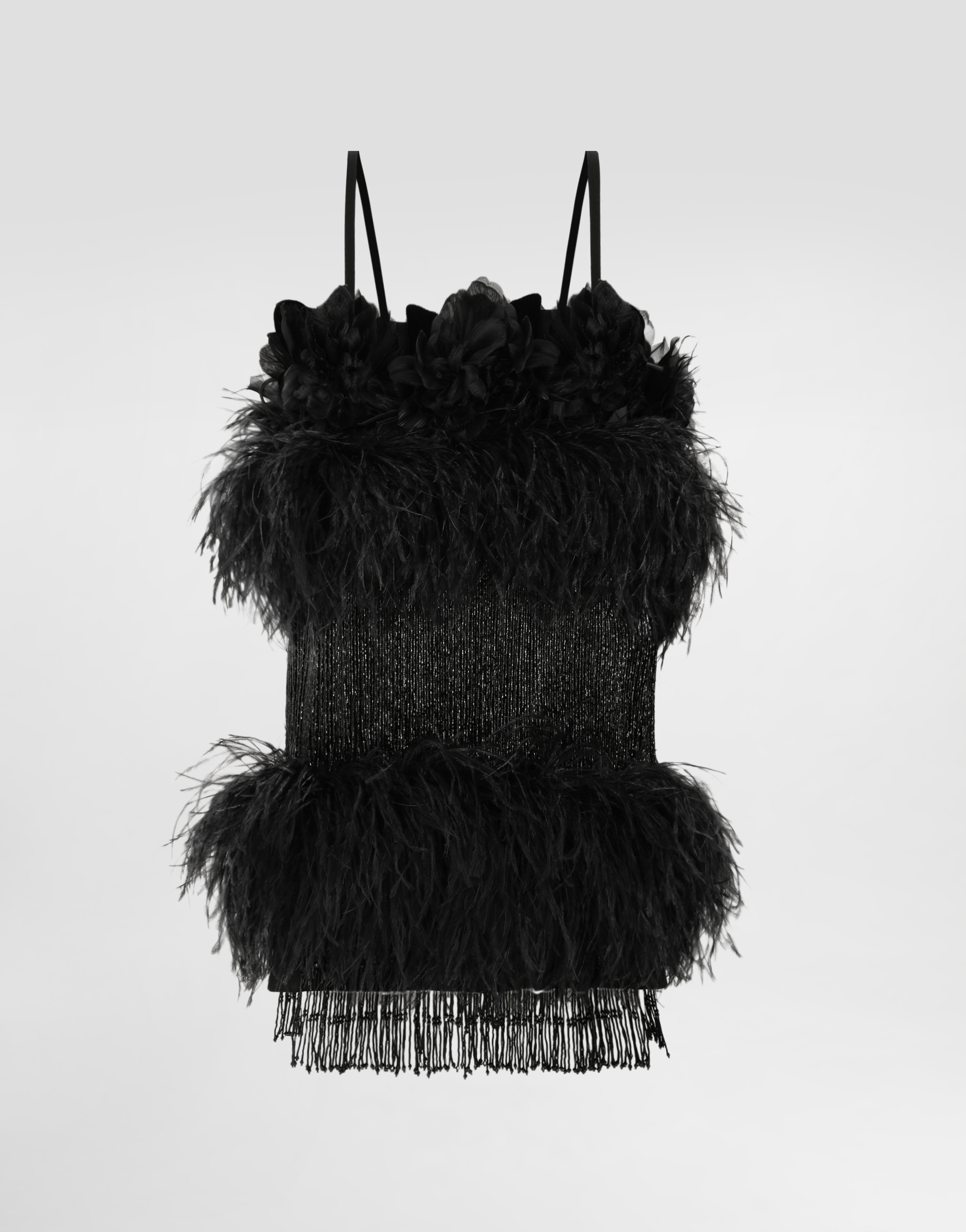 Dolce & Gabbana Satin Dress With Feathers In Black