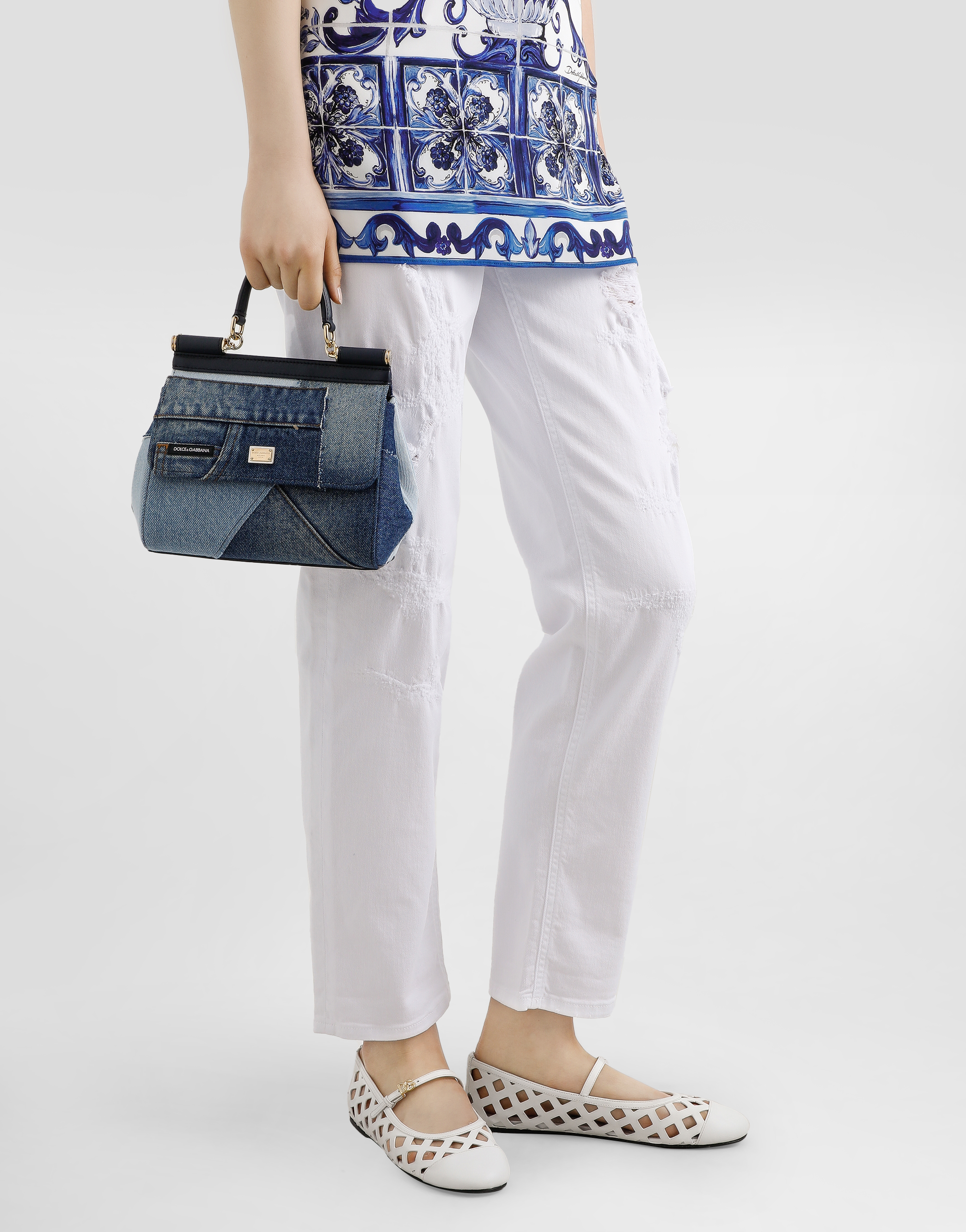 Dolce & Gabbana Small Sicily Denim And Calf Leather Handbag In Blue
