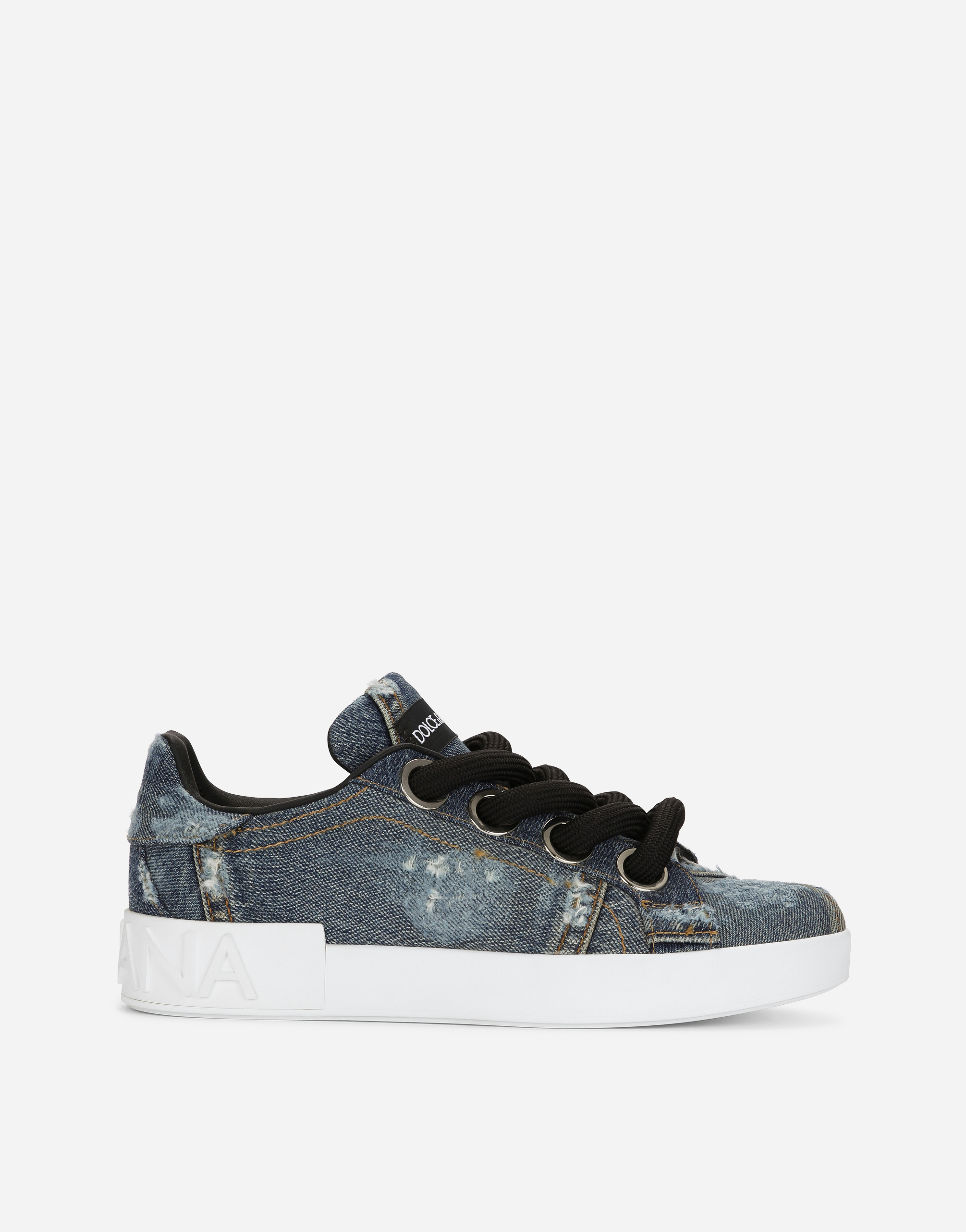 Dolce & Gabbana Denim Patchwork Portofino Sneakers In Blue