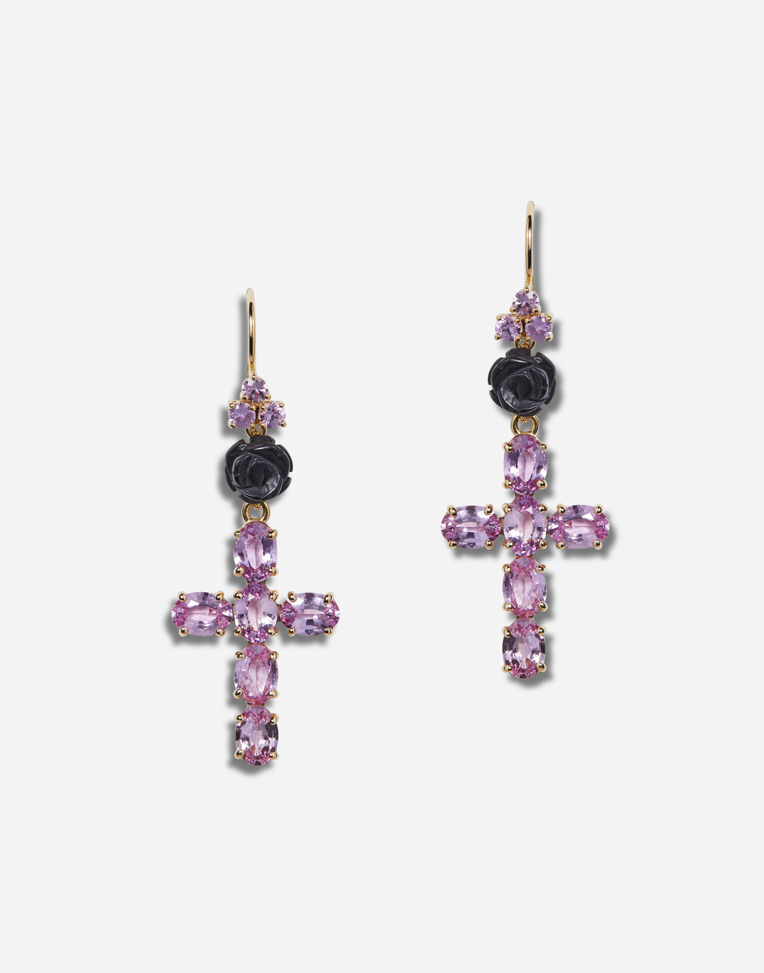 DOLCE & GABBANA FAMILY YELLOW GOLD EARRINGS WITH ROSE AND CROSS PENDANT