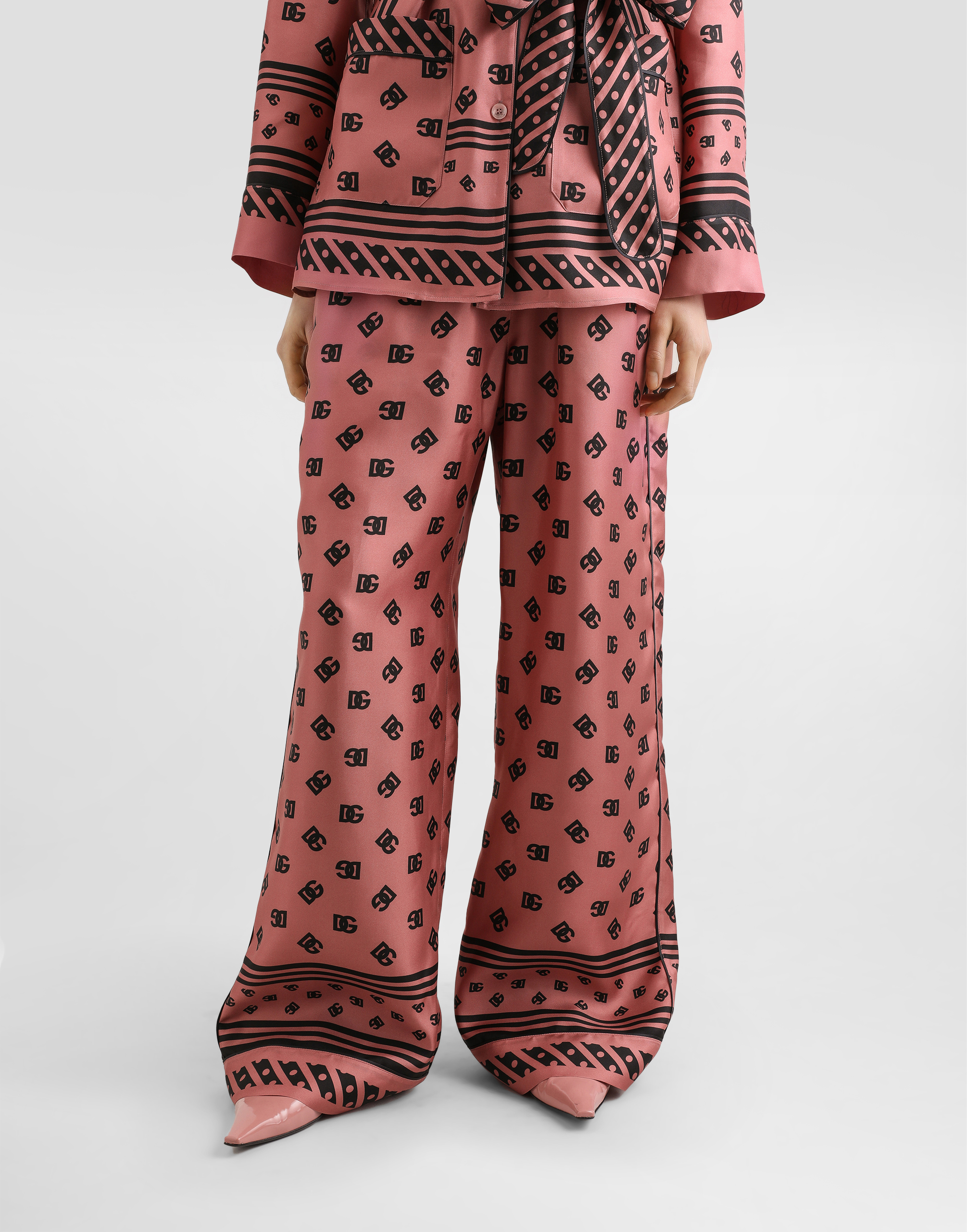 Dolce & Gabbana Silk Satin Jacquard Pajamas With Full Dg Logo In Pink