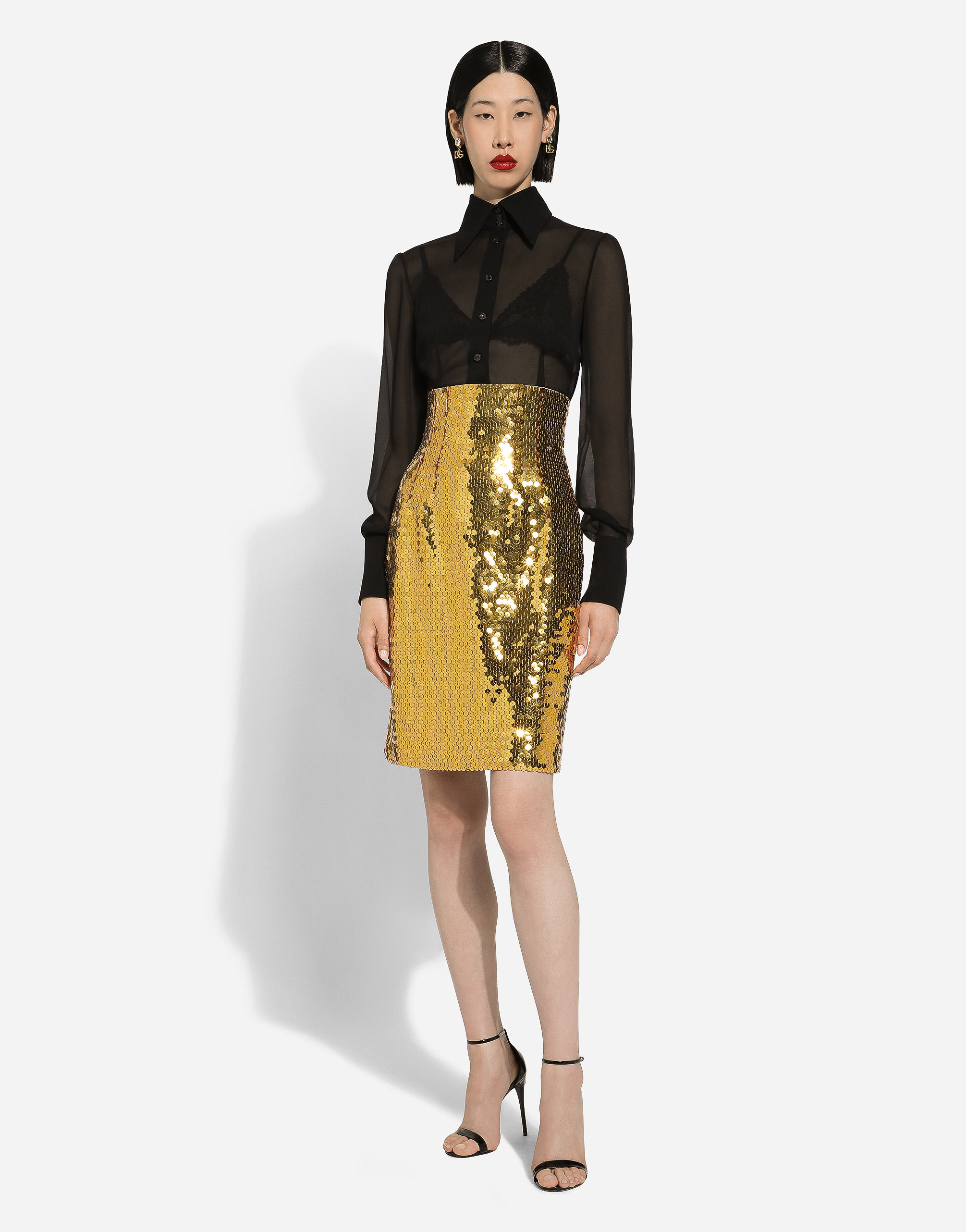 High-waisted sequined midi skirt