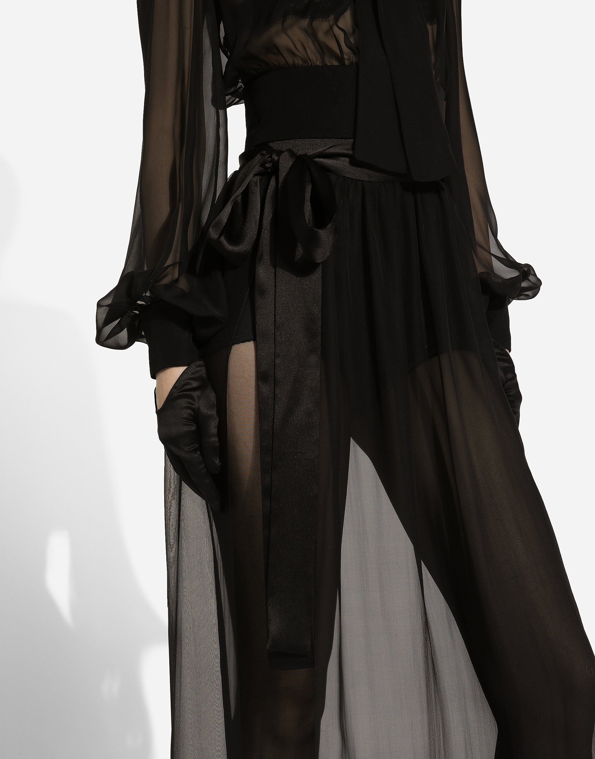 Long silk chiffon skirt with belt