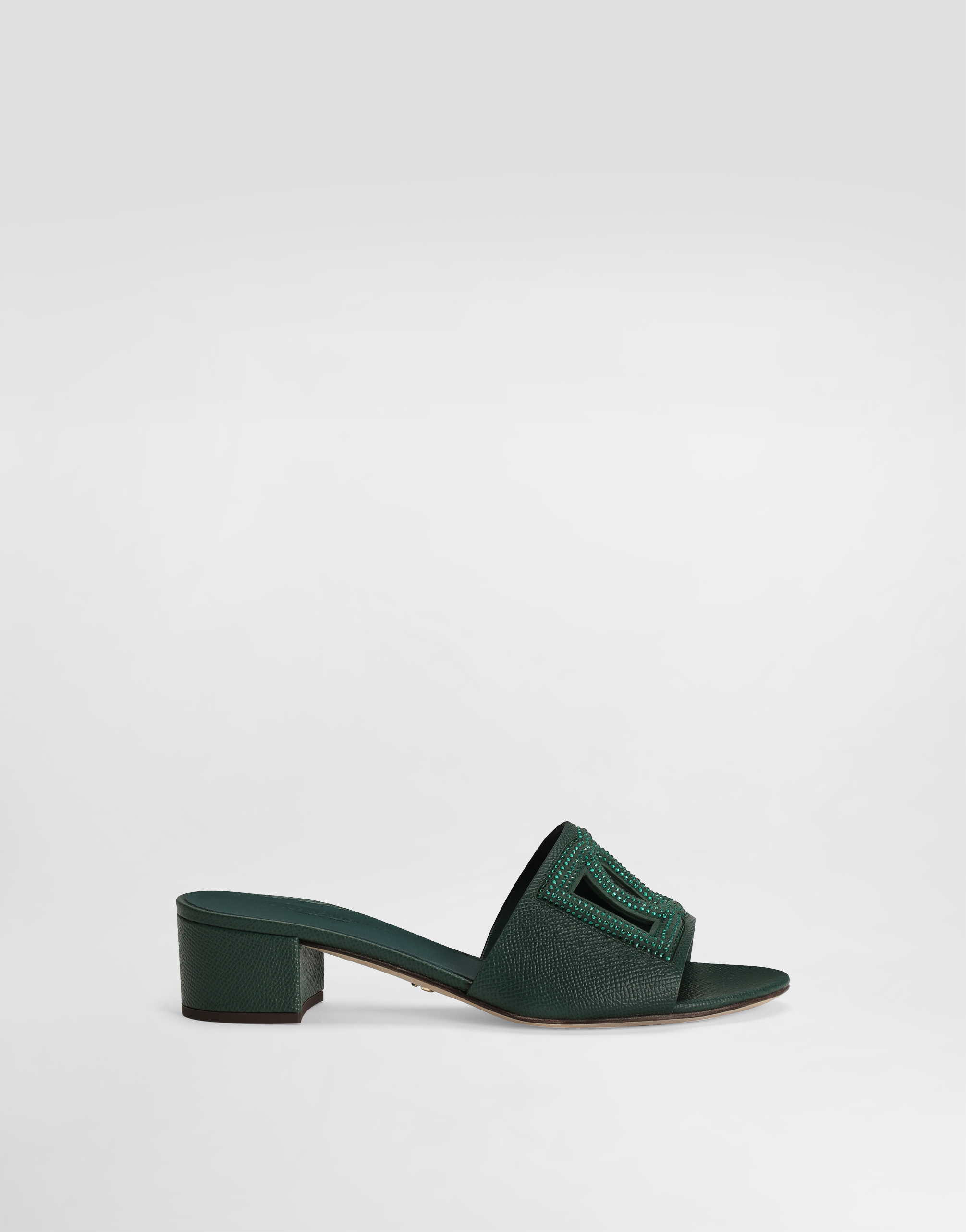 Mule in dauphine calfskin, suede and rhinestones