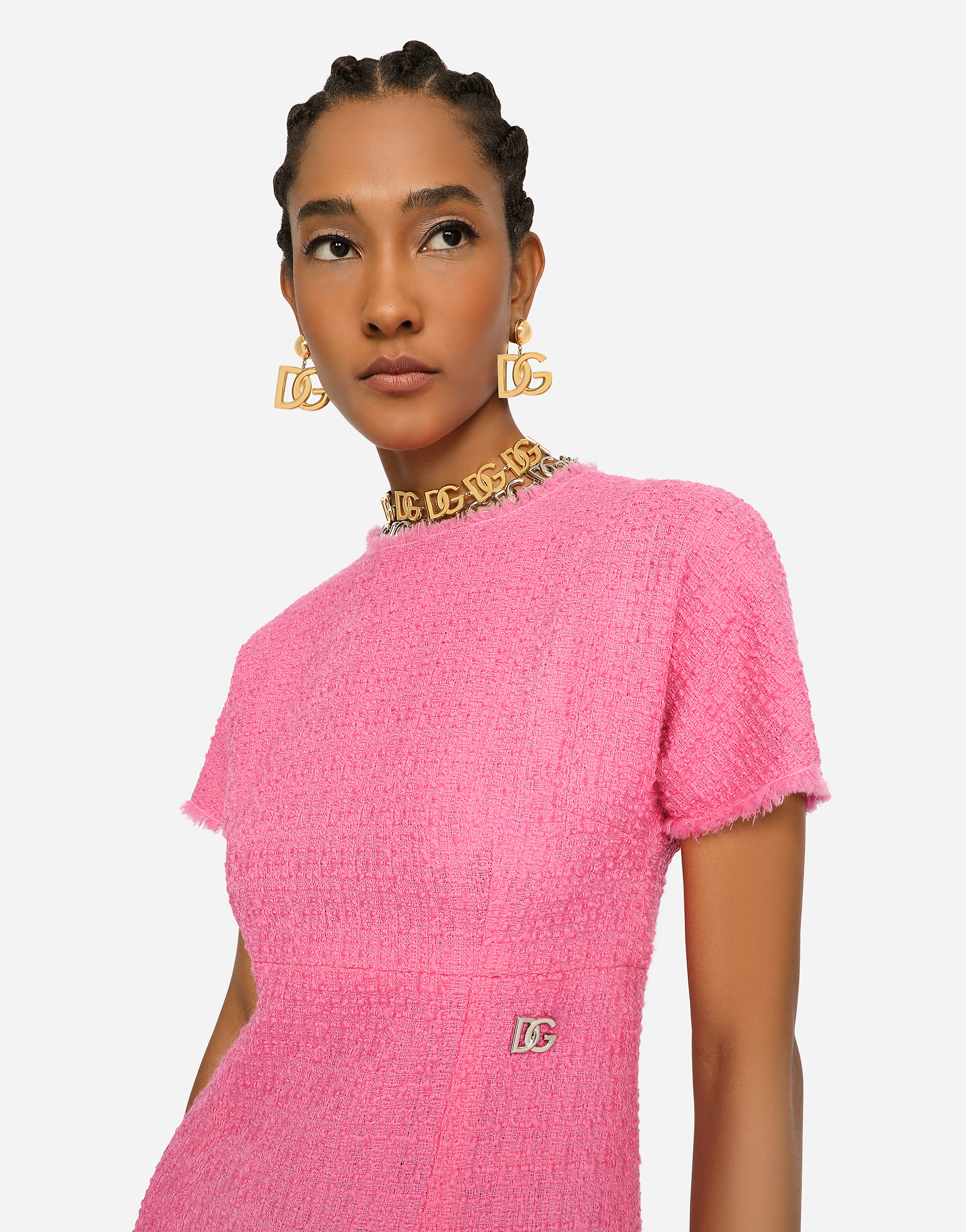 Shop Dolce & Gabbana Raschel Tweed Calf-length Dress With Dg Logo In Pink