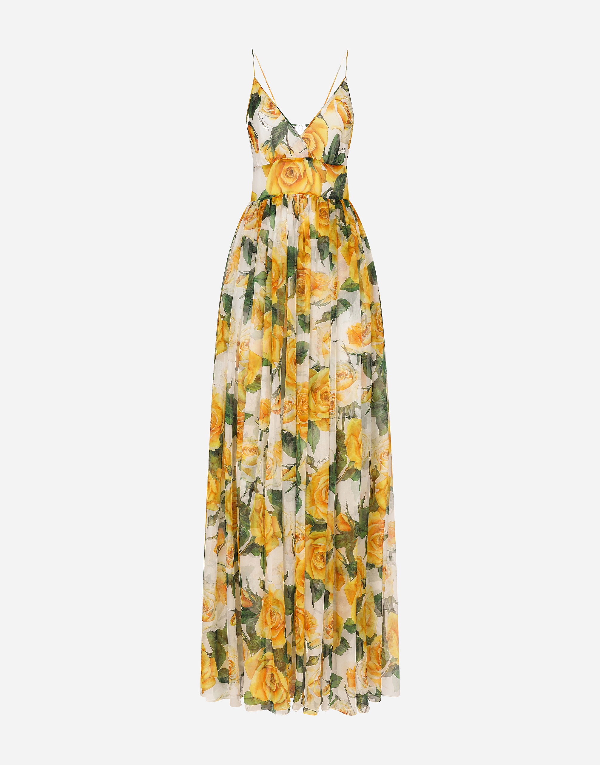 Shop Dolce & Gabbana Long Silk Chiffon Dress With Yellow Rose Print