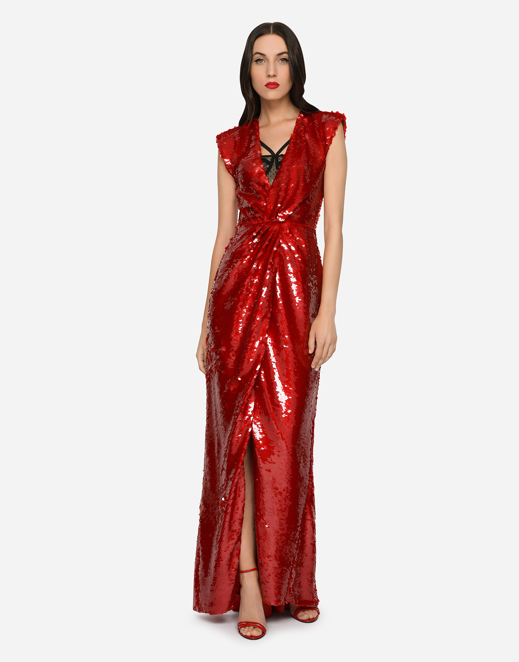 Shop Dolce & Gabbana Long Sequined Dress With Draping In Bordeaux