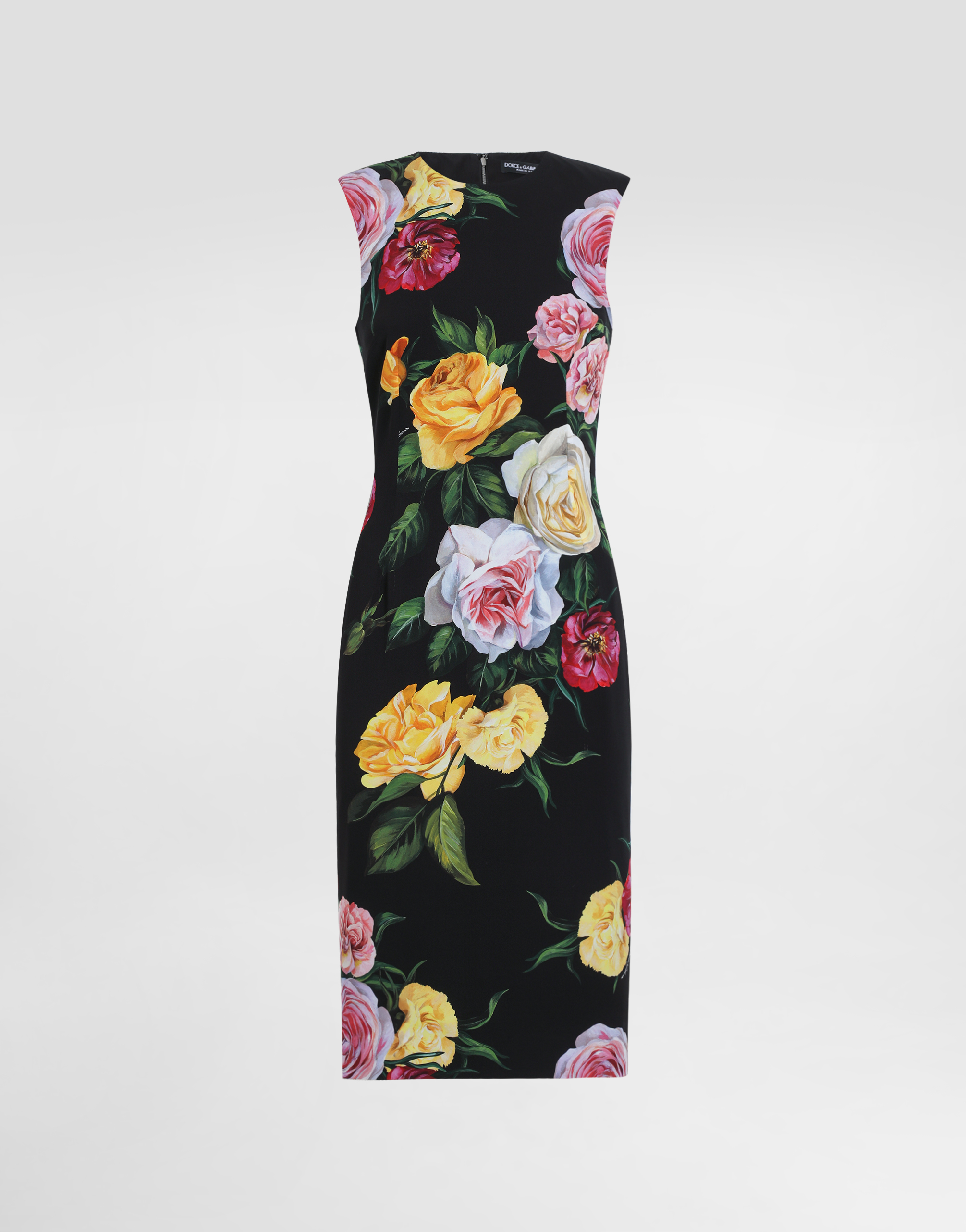 Charmeuse calf-length sheath dress with peony and rose print in